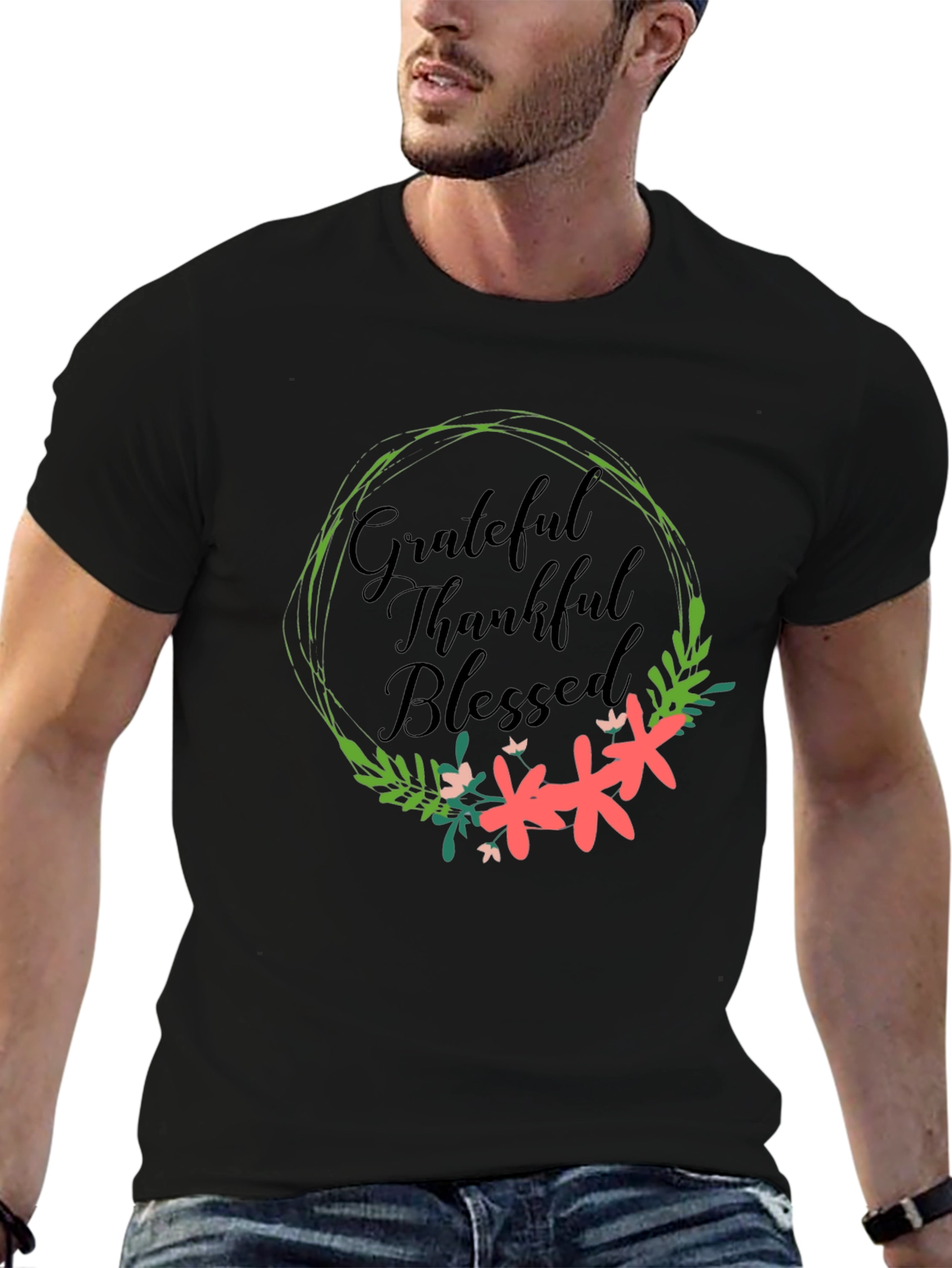 Grateful Thankful Blessed Floral Wreath T-Shirt