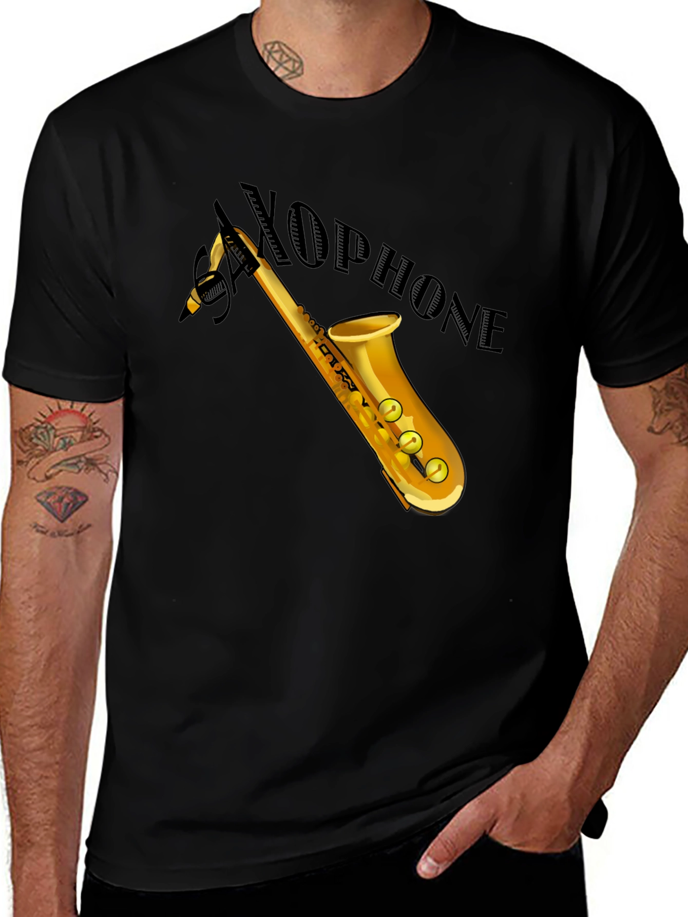 Saxophone Graphic Tee - Black Cotton Casual Shirt