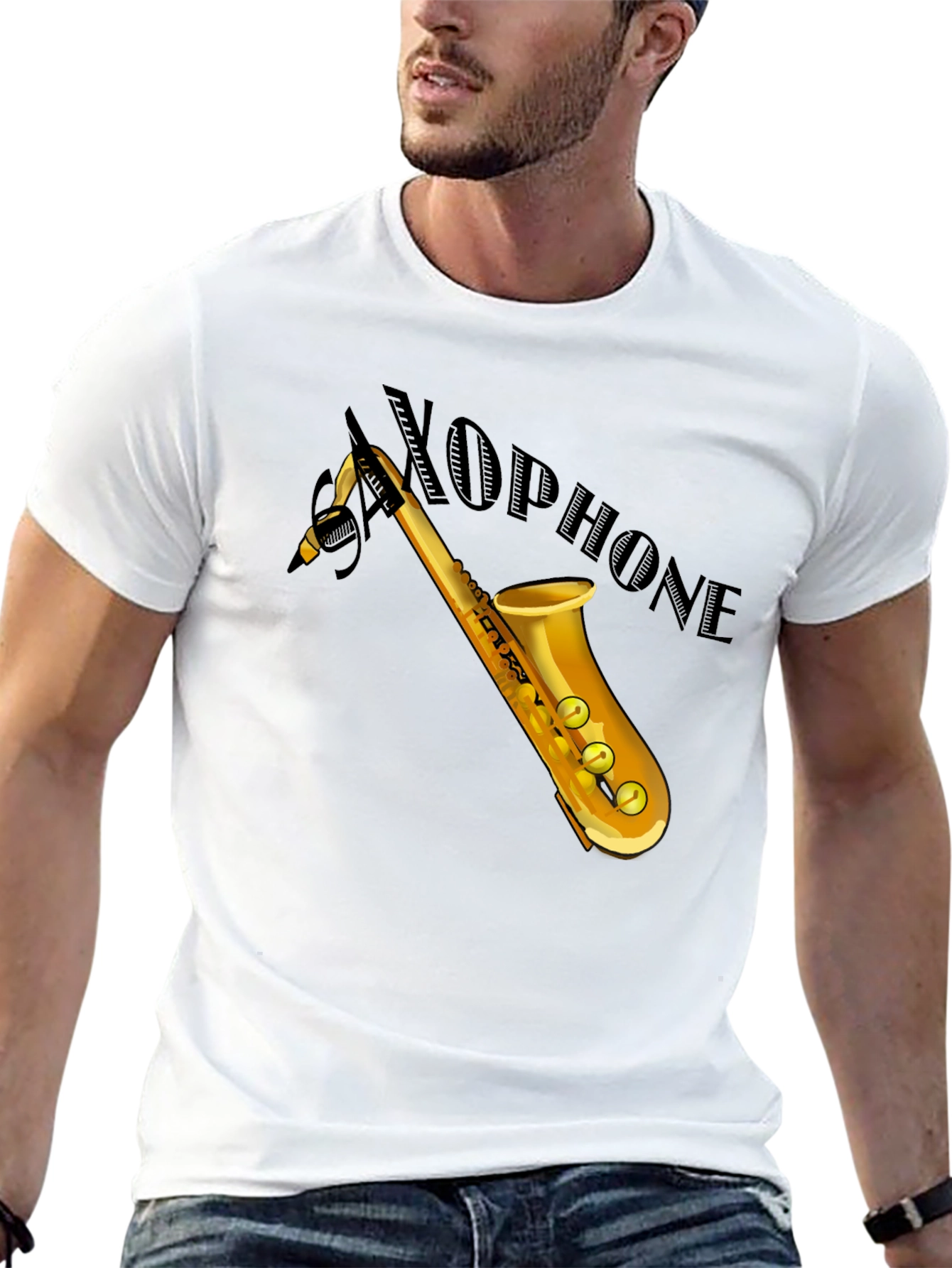 Saxophone Graphic Tee - Black Cotton Casual Shirt