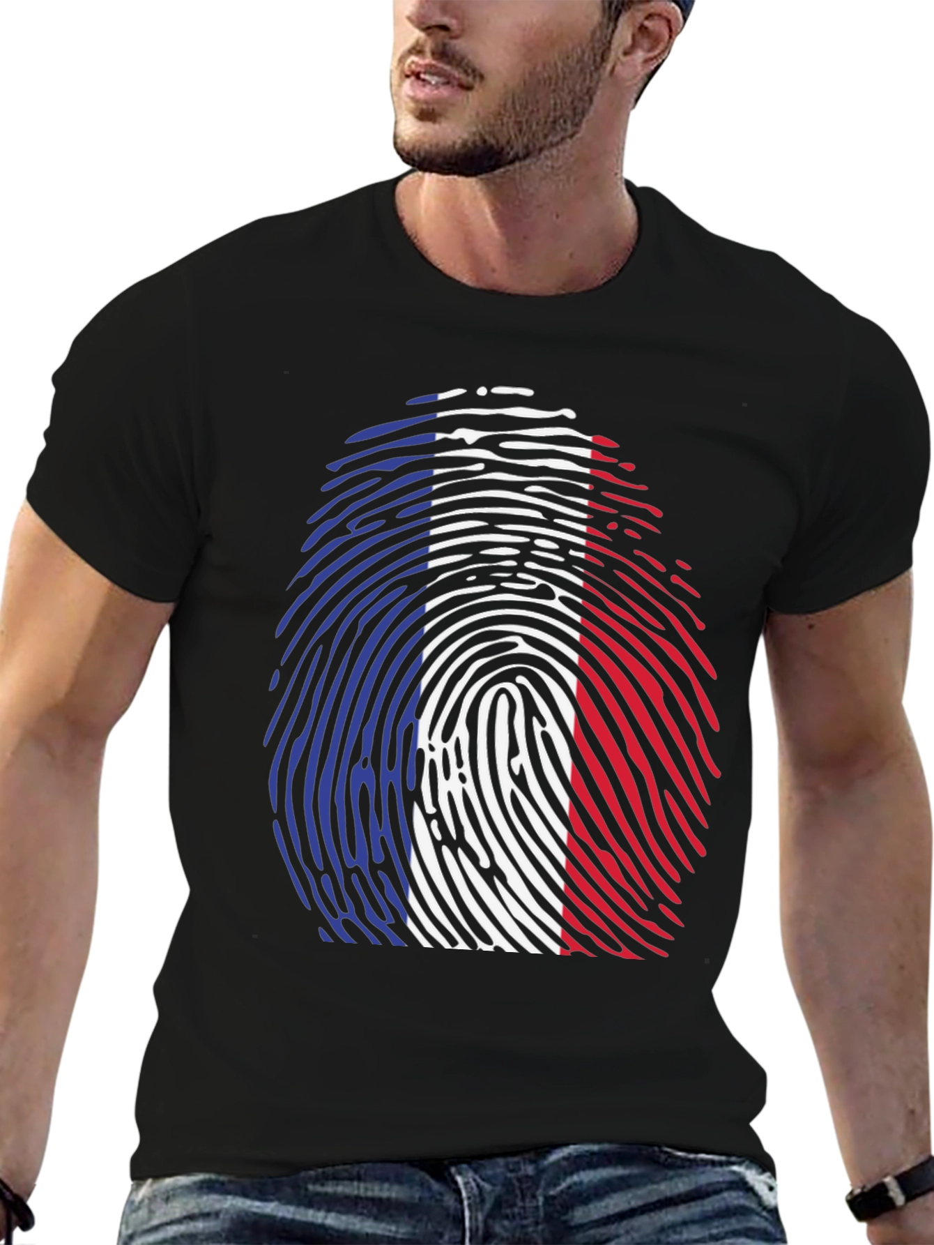 French Flag Fingerprint T-Shirt - Black Cotton Tee