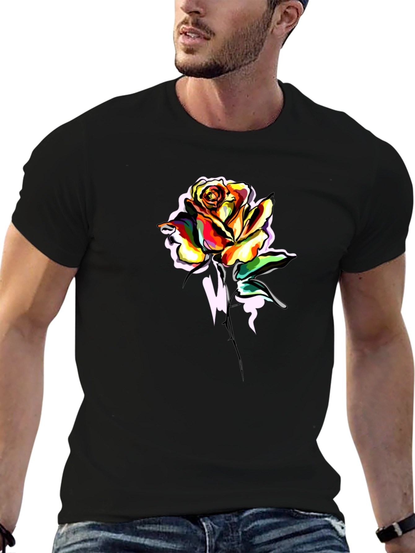 Mens Black Rose Graphic T-Shirt