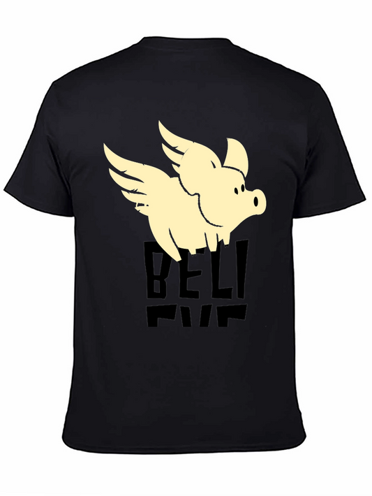 Flying Pig Graphic Tee - Believe It! Black Cotton T-Shirt