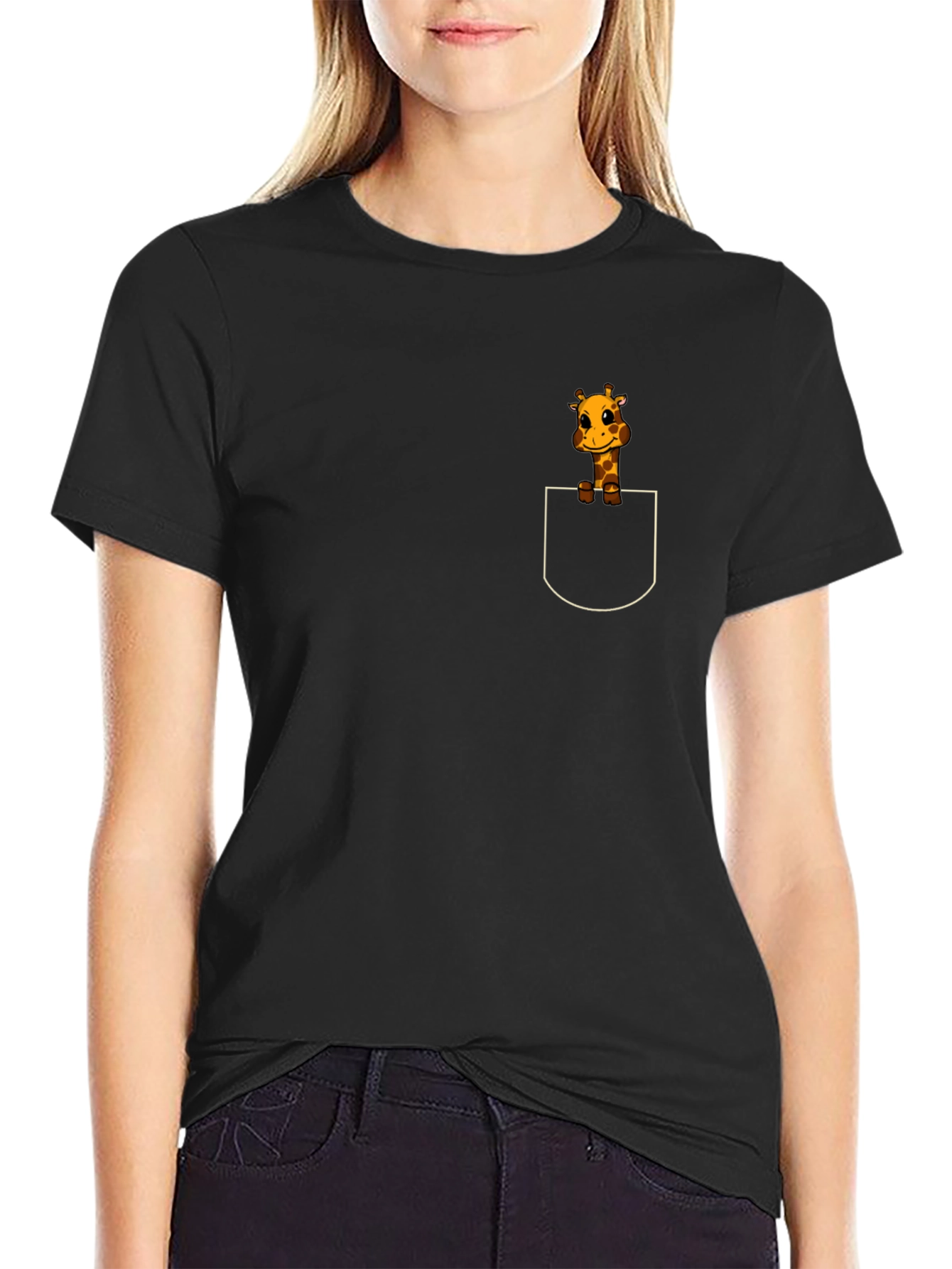Giraffe in Pocket Black T-Shirt