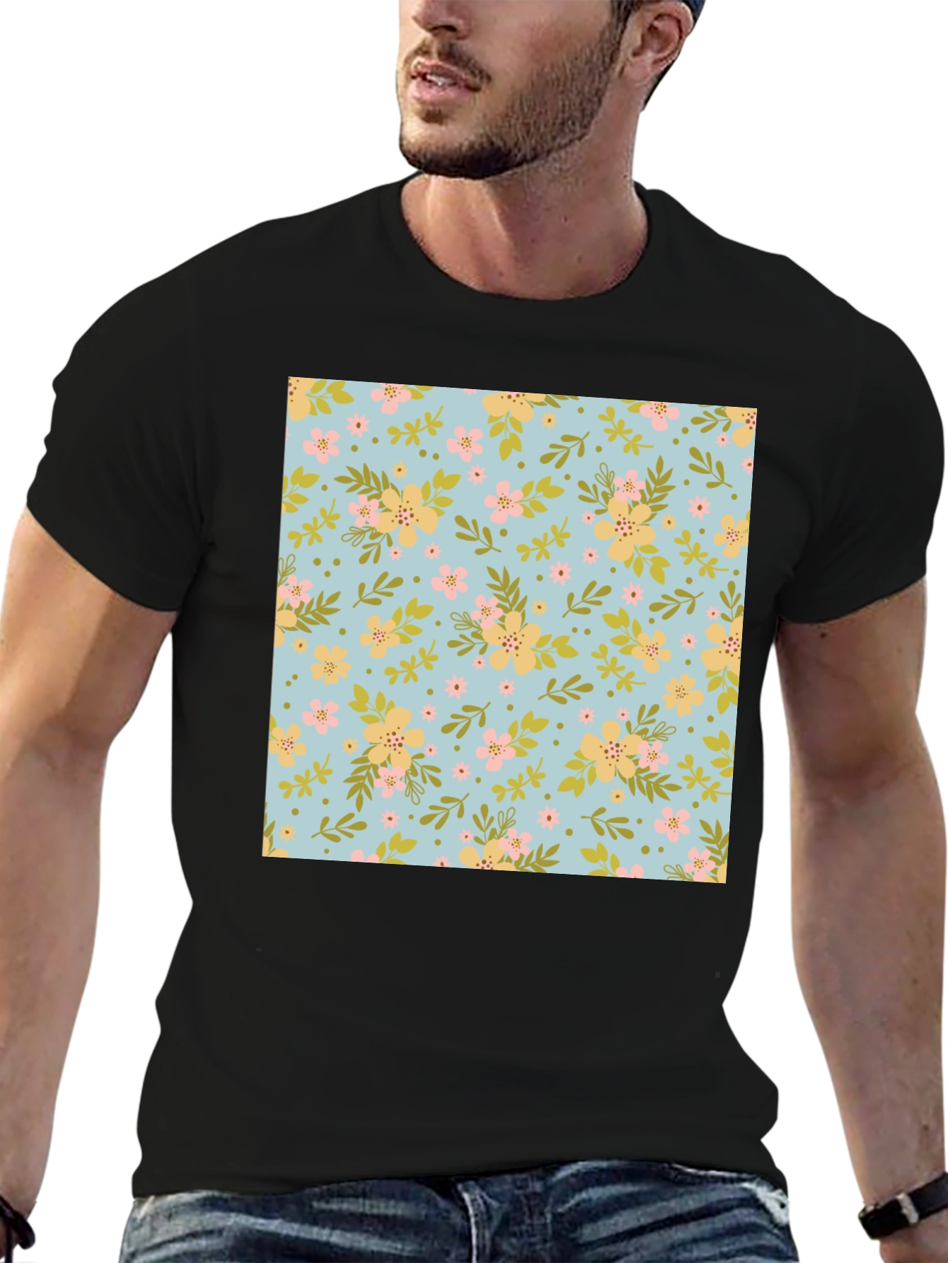Floral Pattern Black T-Shirt