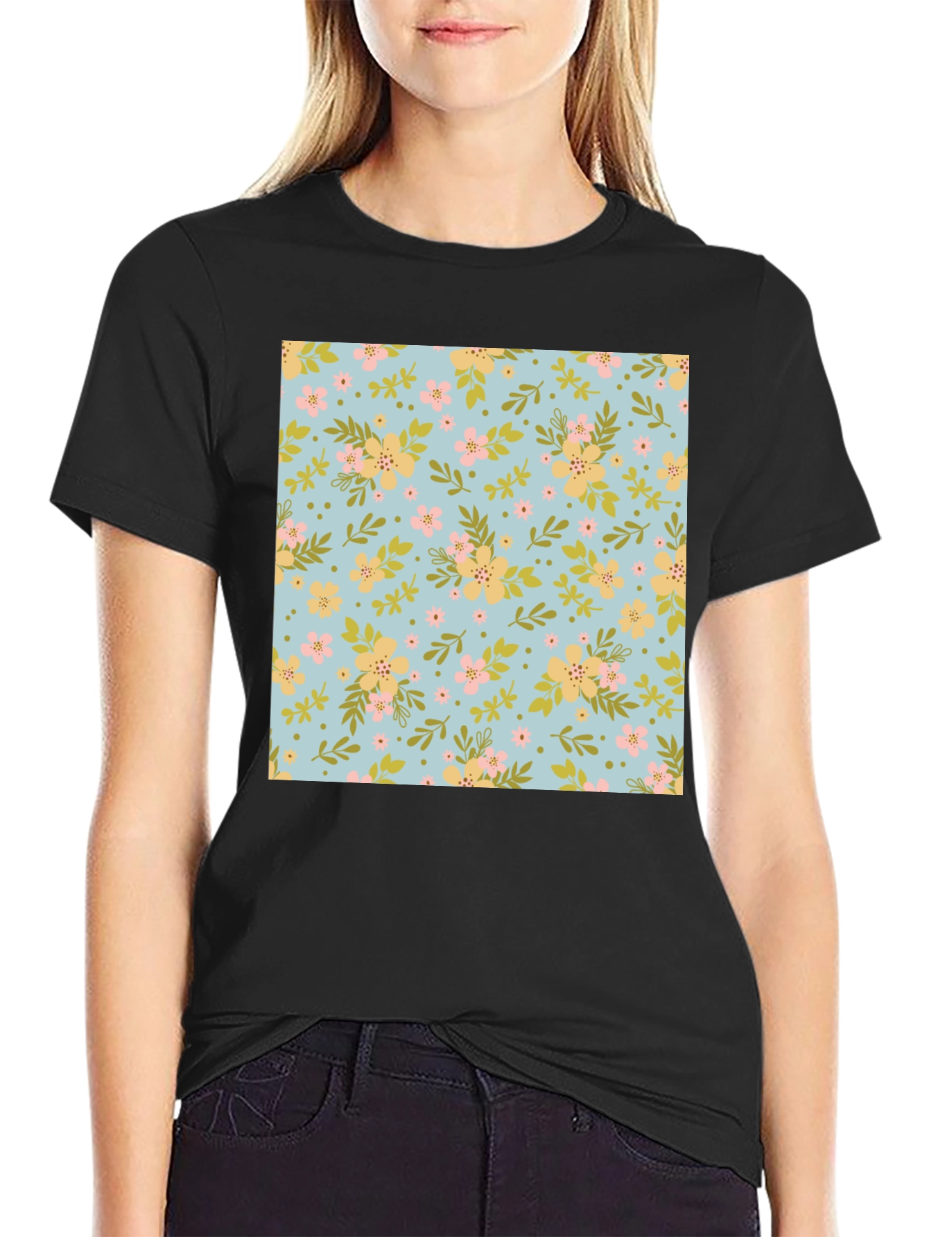 Floral Pattern Black T-Shirt
