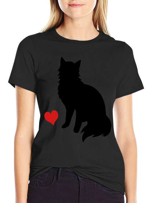 Cat & Heart Silhouette Graphic Tee - Soft Black Cotton Shirt