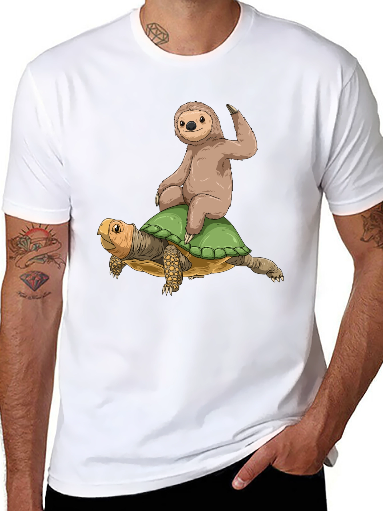 Sloth Riding Turtle Graphic Tee - Cool Animal Shirt
