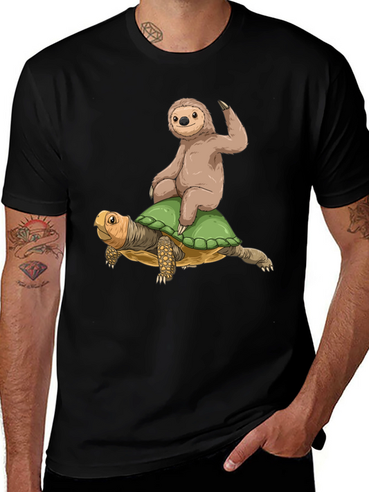 Sloth Riding Turtle Graphic Tee - Cool Animal Shirt