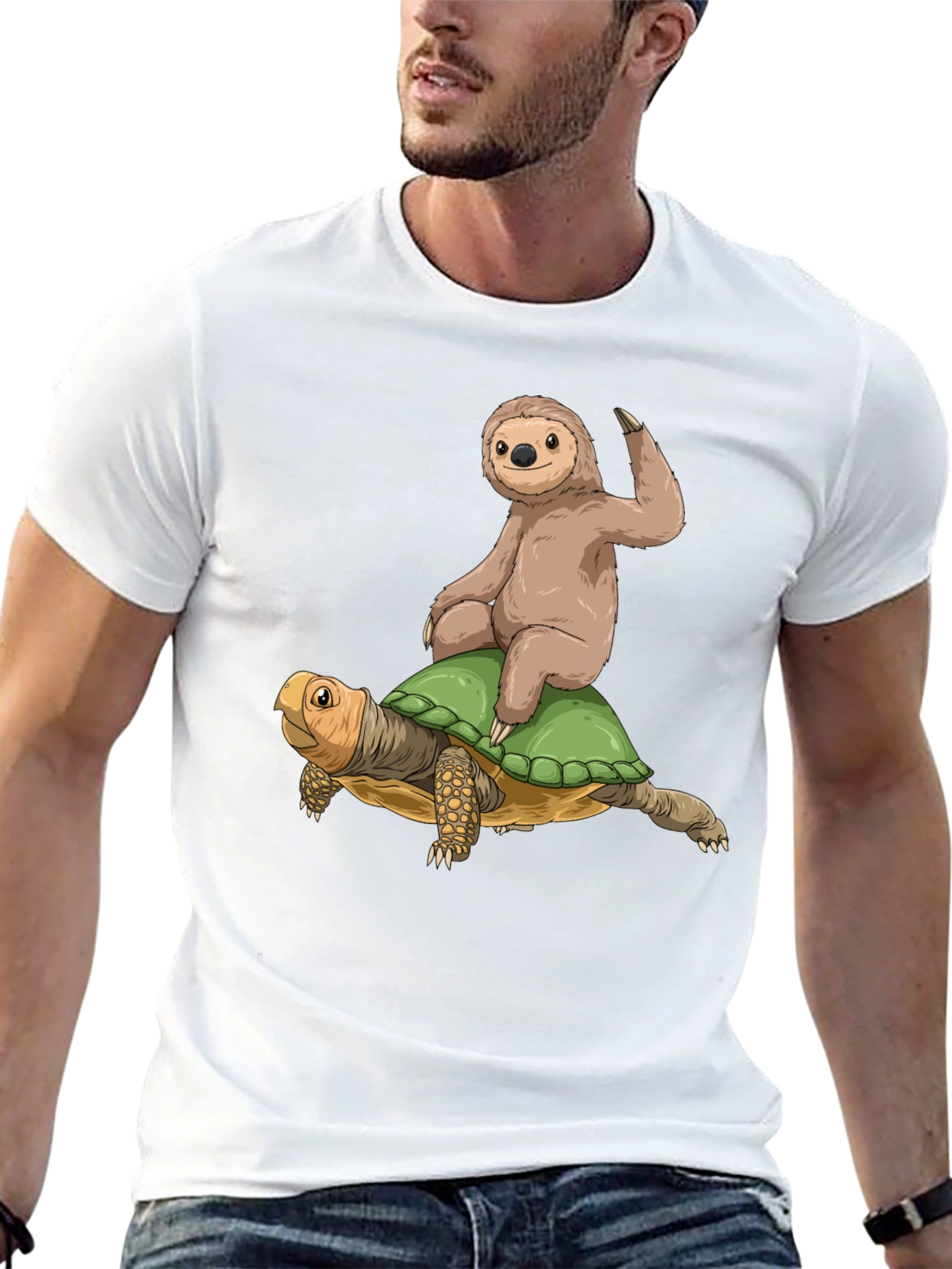 Sloth Riding Turtle Graphic Tee - Cool Animal Shirt
