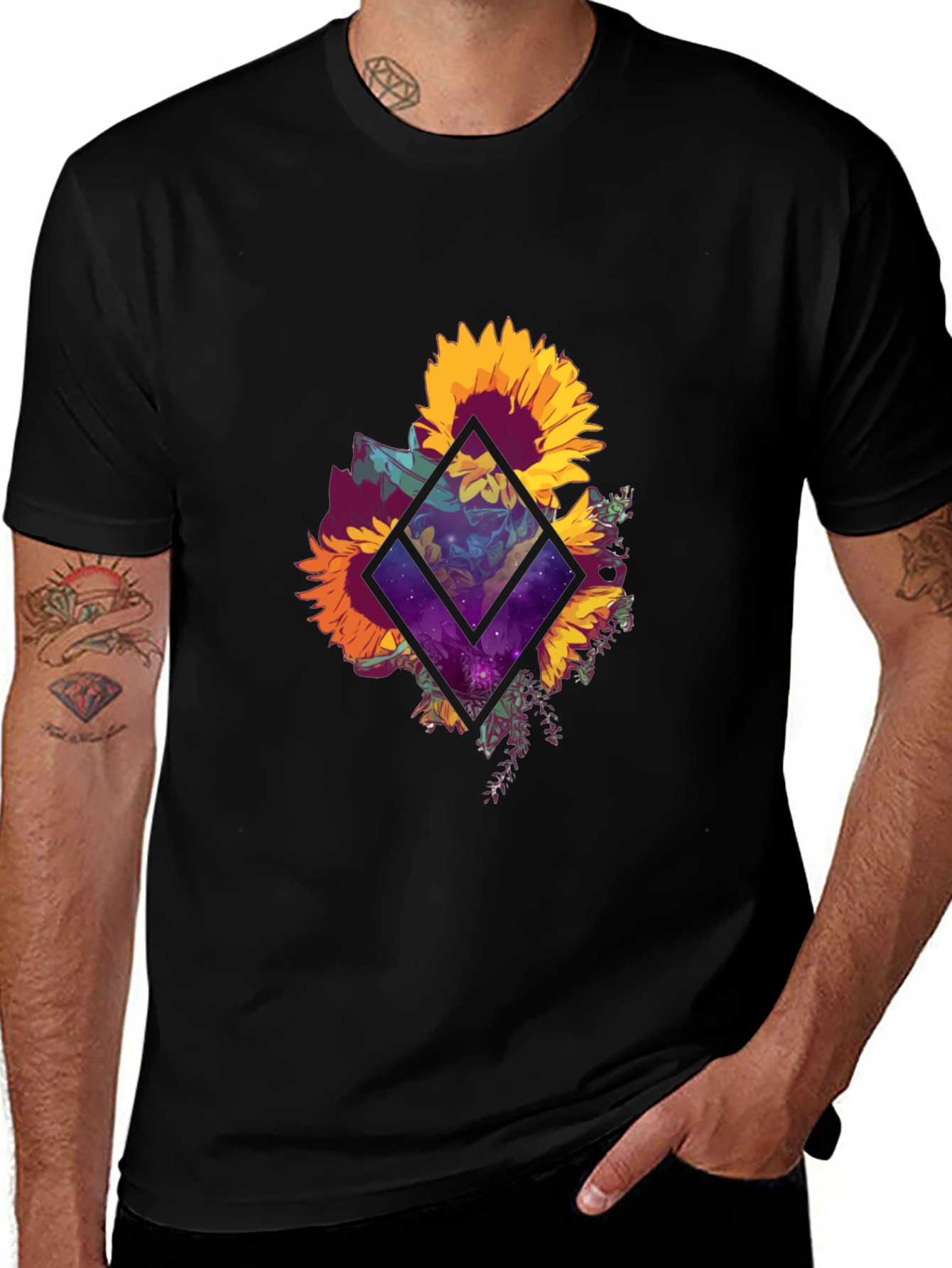 Sunflower Galaxy Graphic Tee - Black Cotton
