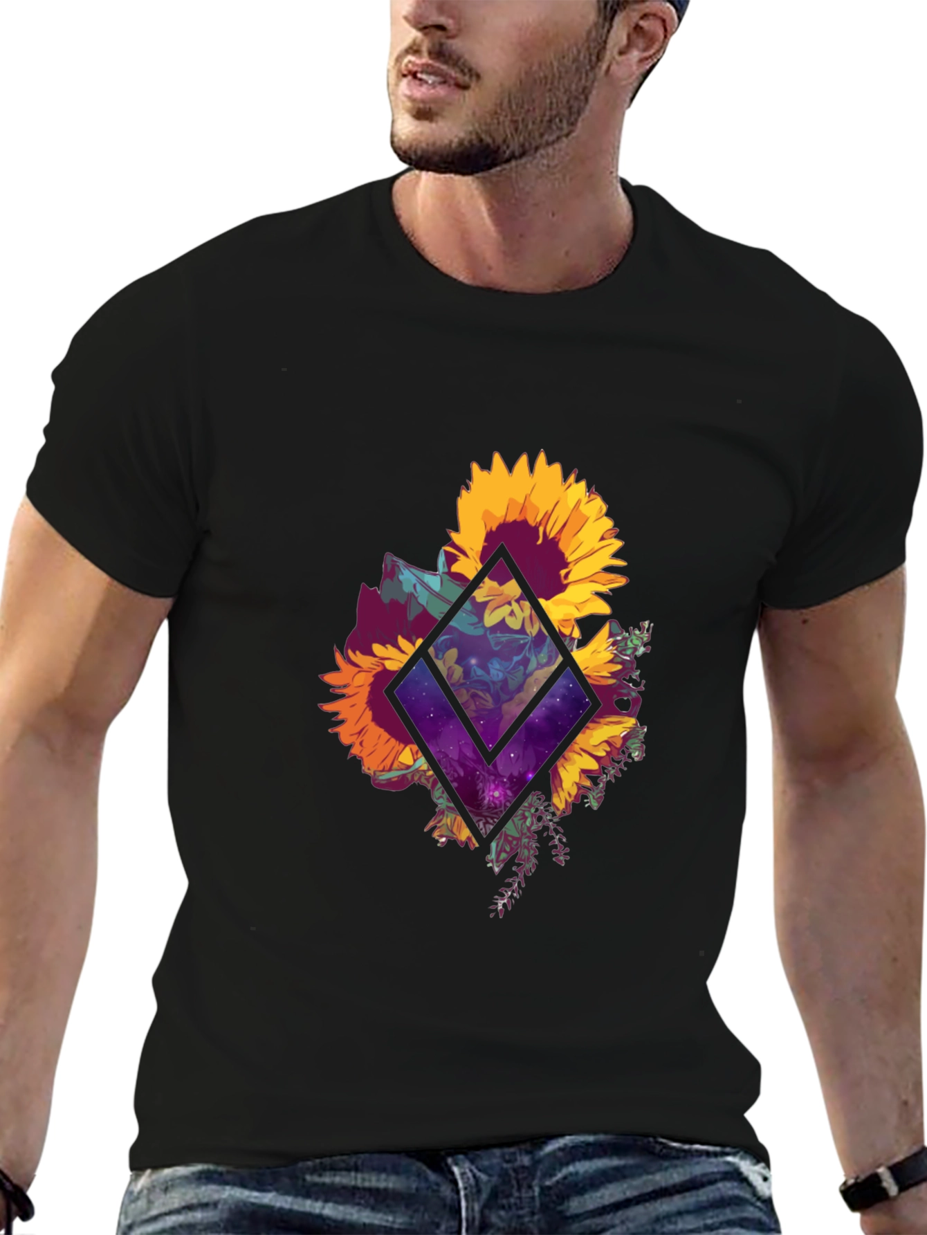 Sunflower Galaxy Graphic Tee - Black Cotton