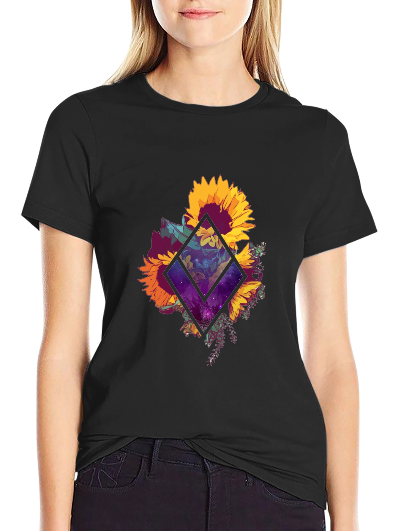 Sunflower Galaxy Graphic Tee - Black Cotton