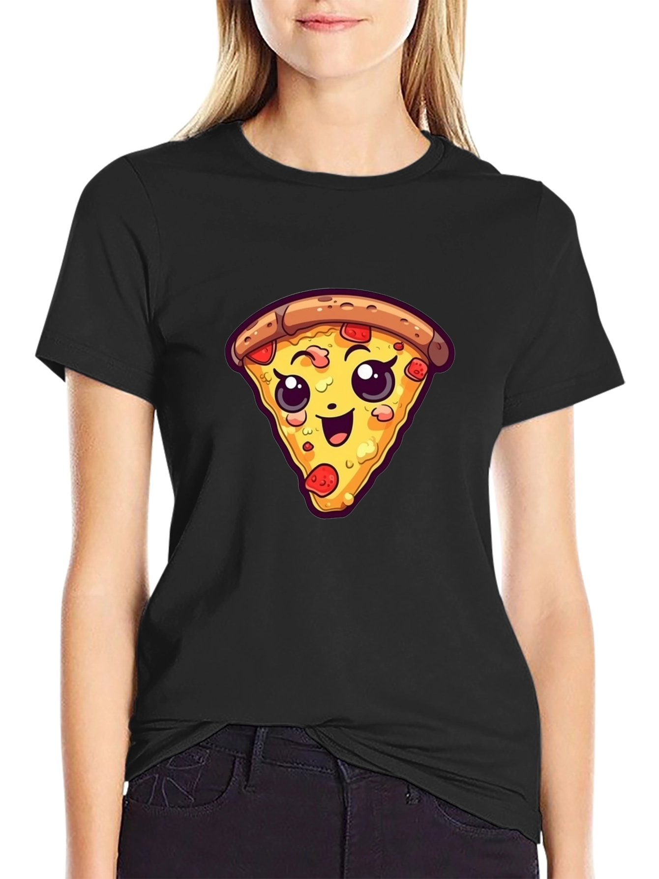 Cute Pizza Slice Graphic Tee - Black Unisex T-Shirt