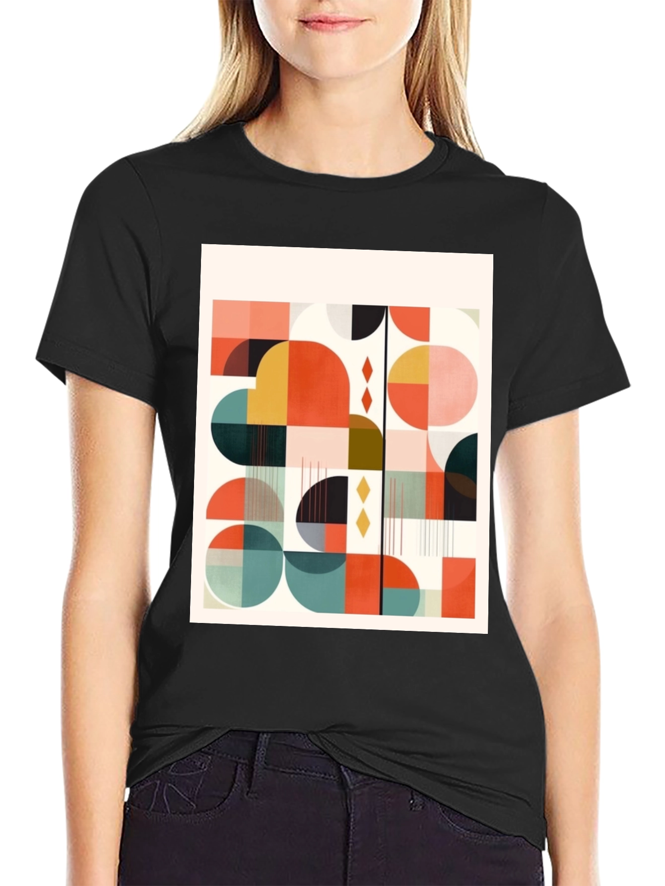 Retro Geometric Print Tee - Modern Art Design