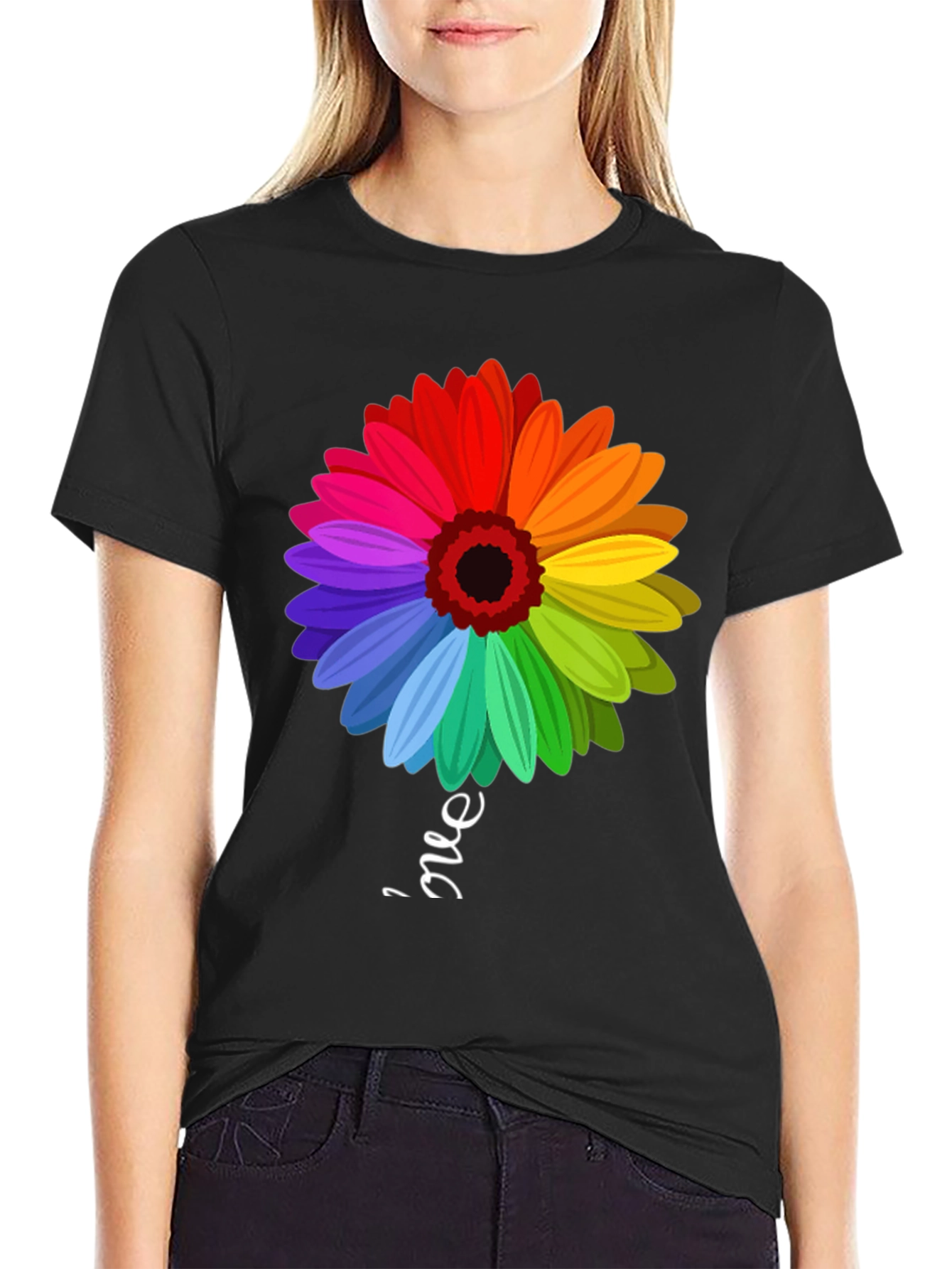 Rainbow Flower Graphic T-Shirt - Trendy Casual Tee