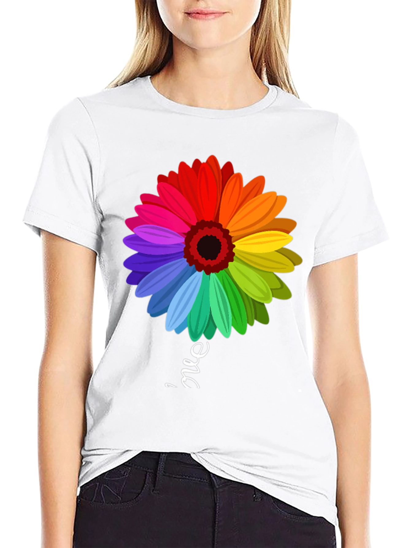 Rainbow Flower Graphic T-Shirt - Trendy Casual Tee