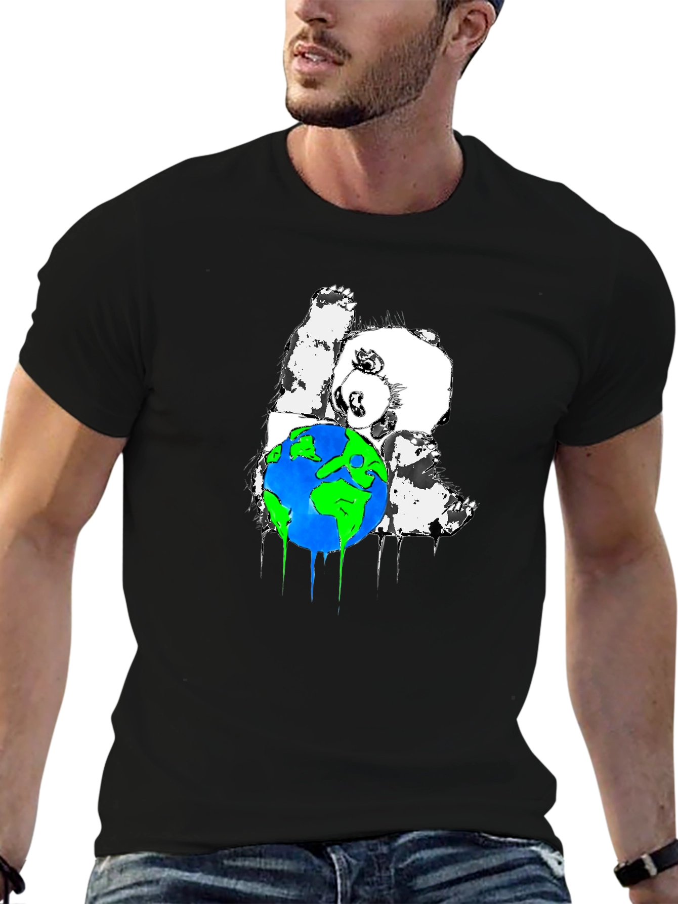 Panda Hugging Earth Graphic T-Shirt - Black