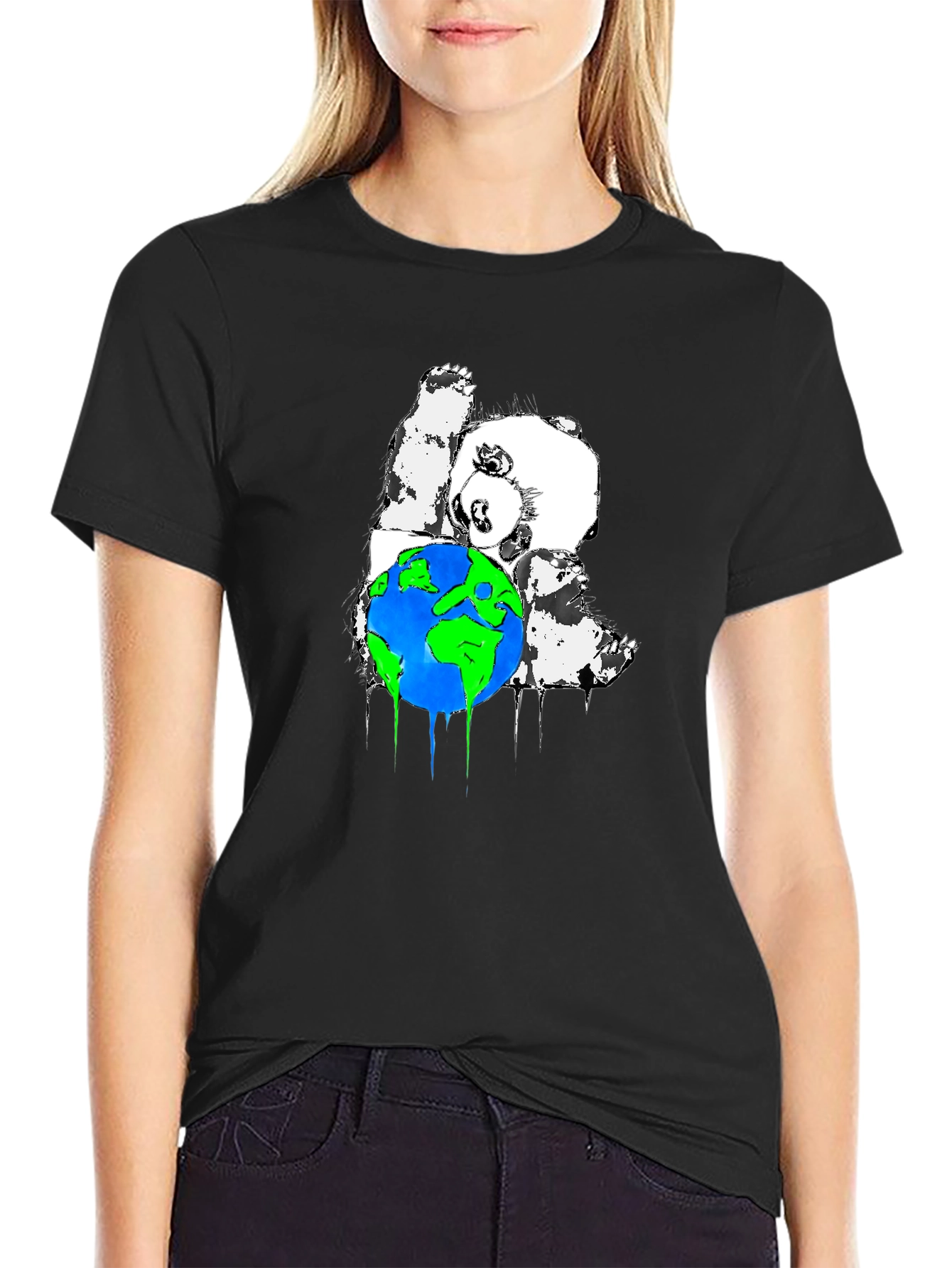 Panda Hugging Earth Graphic T-Shirt - Black