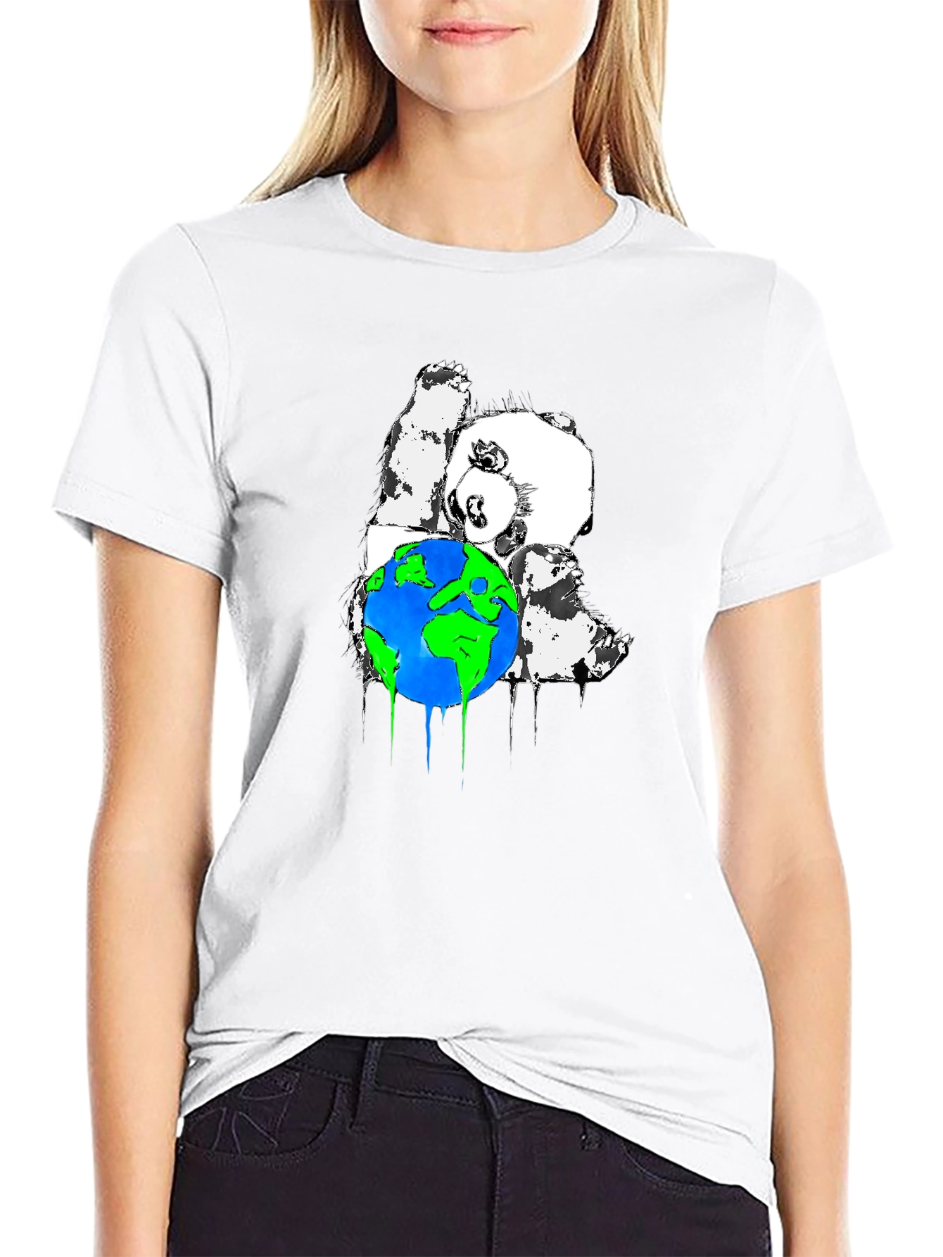 Panda Hugging Earth Graphic T-Shirt - Black