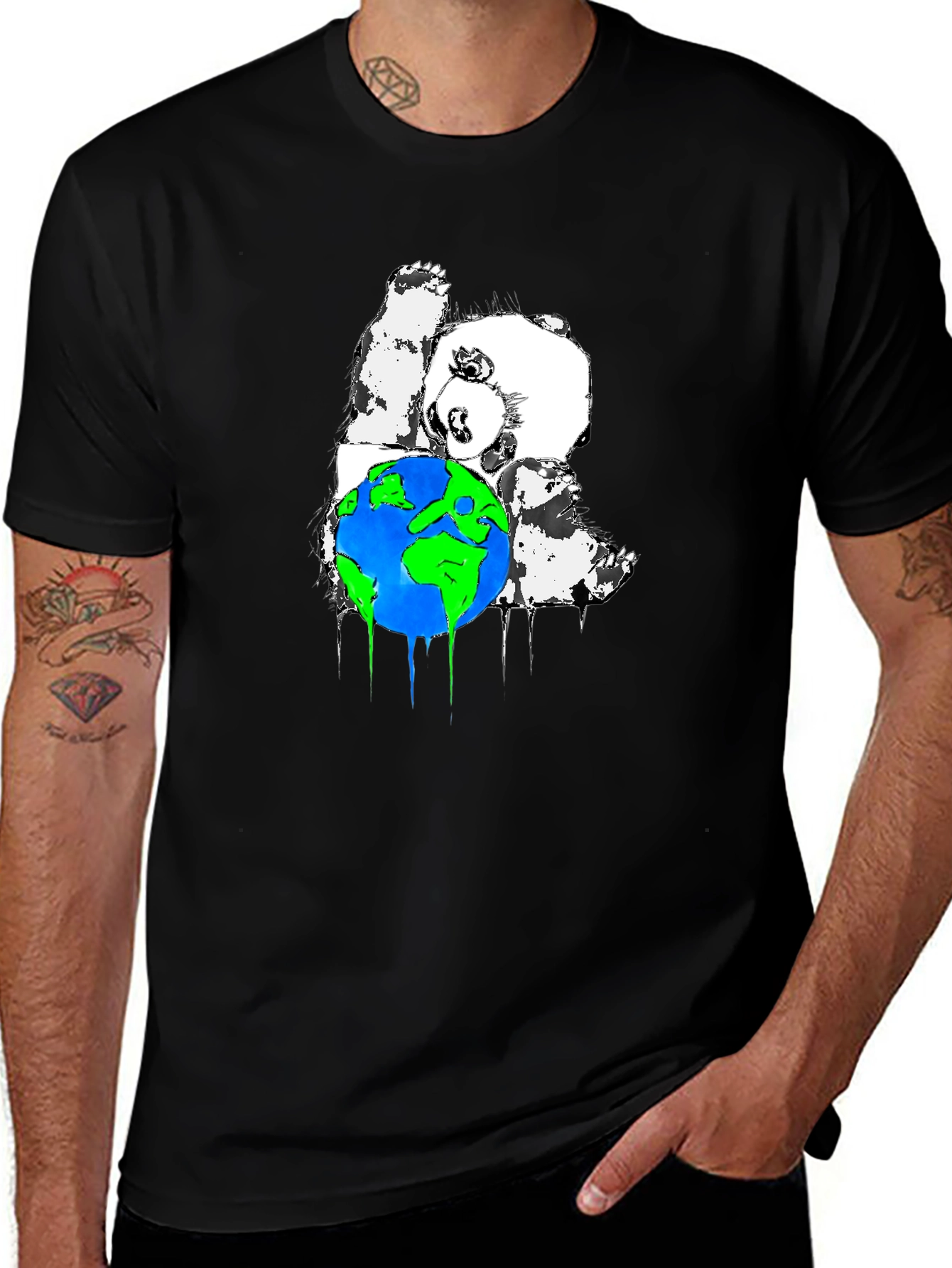 Panda Hugging Earth Graphic T-Shirt - Black