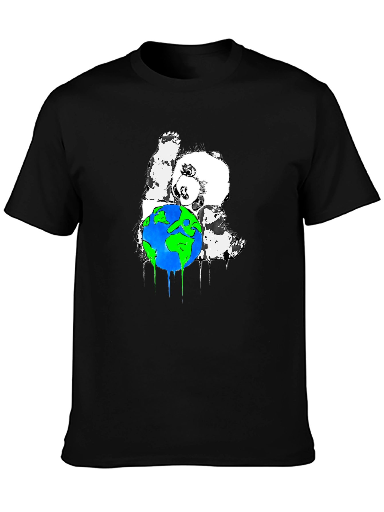 Panda Hugging Earth Graphic T-Shirt - Black