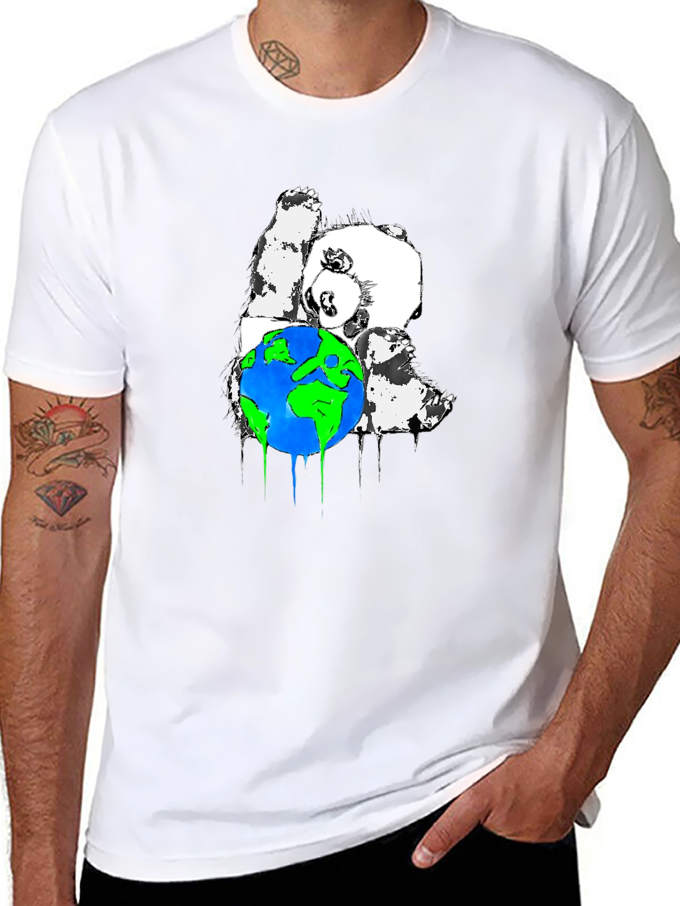Panda Hugging Earth Graphic T-Shirt - Black