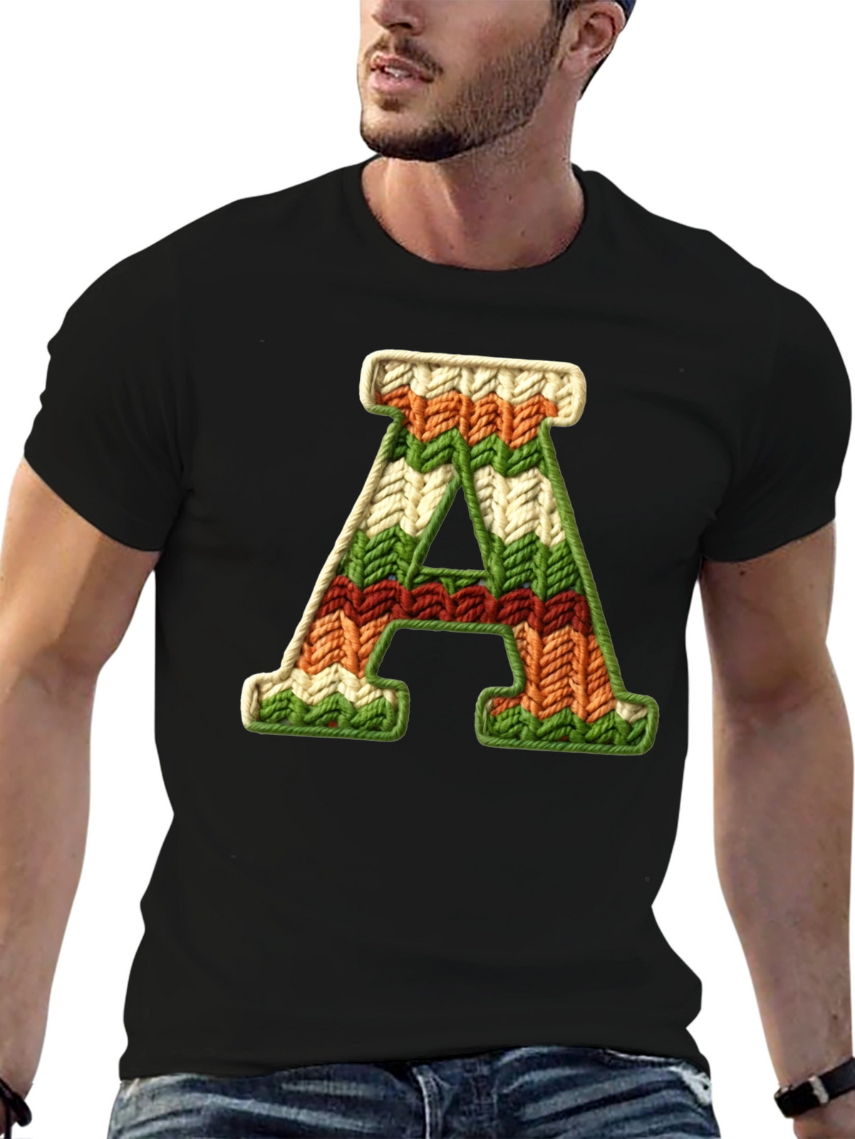 Letter A Knitted Pattern Black Tee