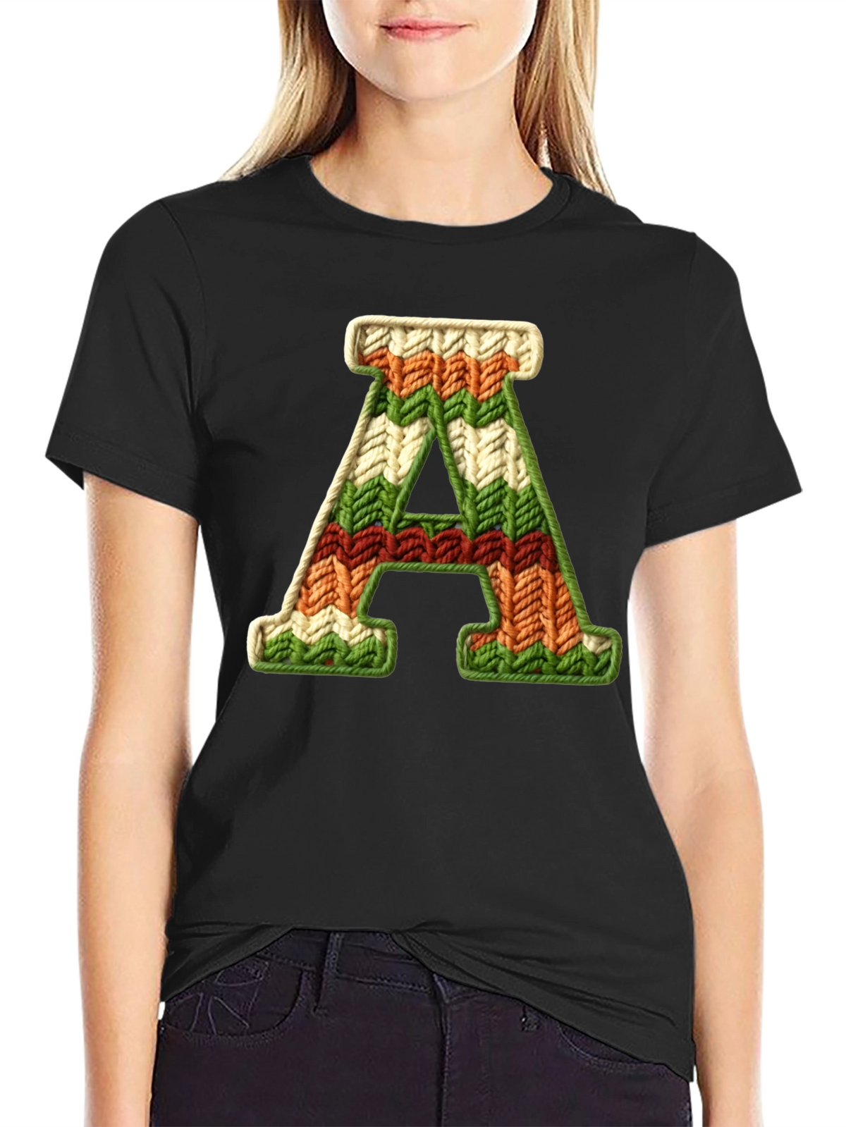 Letter A Knitted Pattern Black Tee