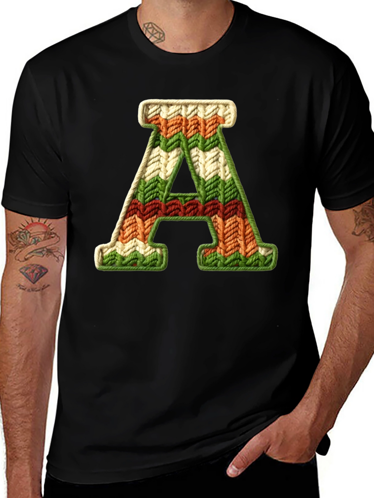 Letter A Knitted Pattern Black Tee
