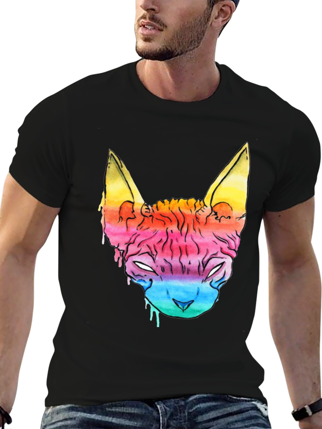 Rainbow Cat Graphic Tee - Mens Black T-Shirt