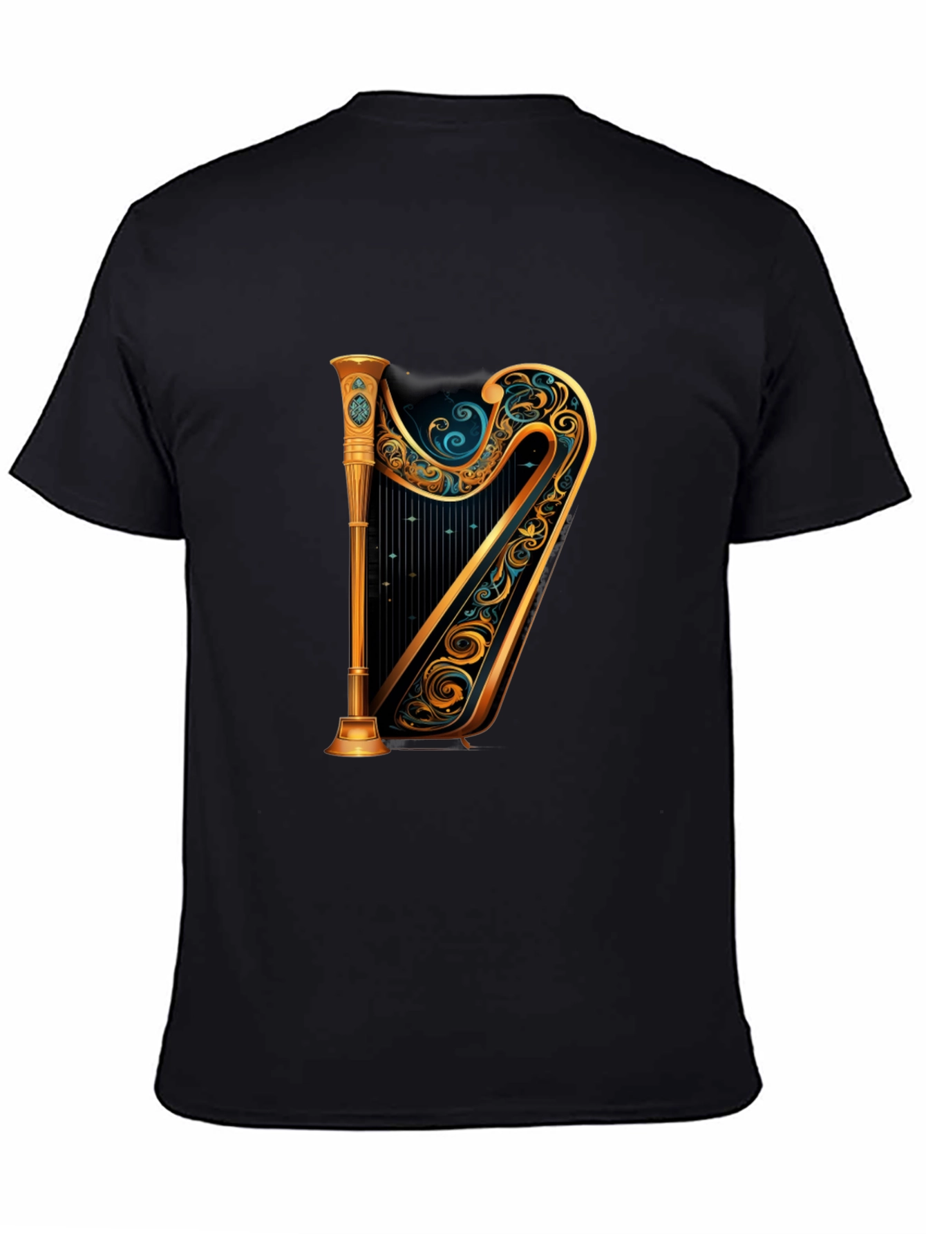 Elegant Golden Harp Graphic Black T-Shirt