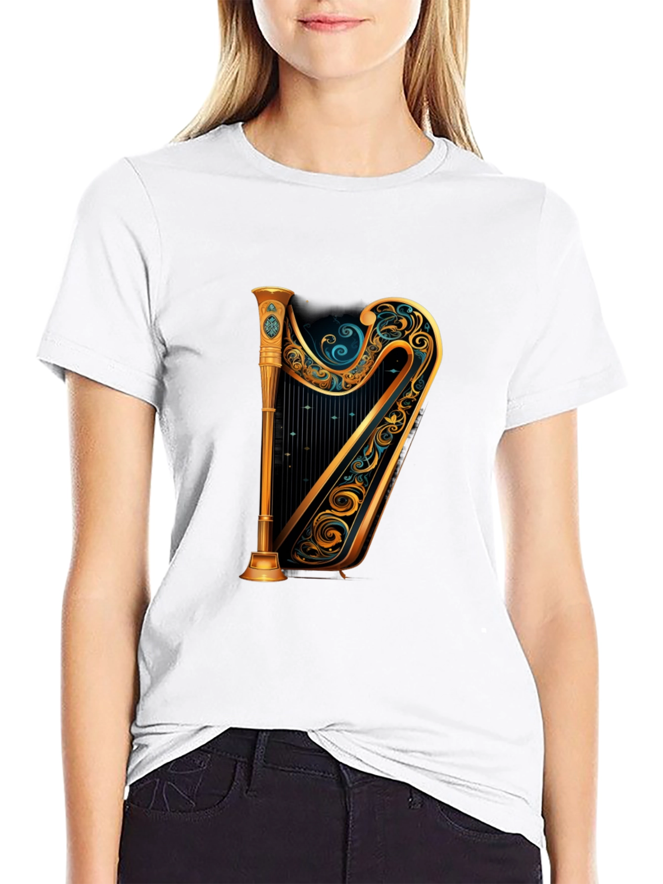 Elegant Golden Harp Graphic Black T-Shirt