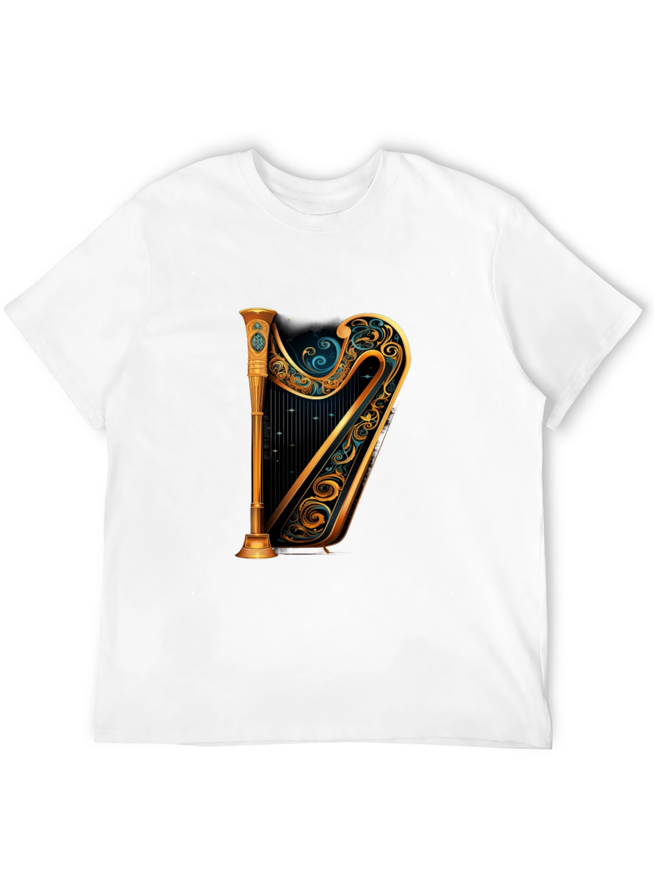 Elegant Golden Harp Graphic Black T-Shirt