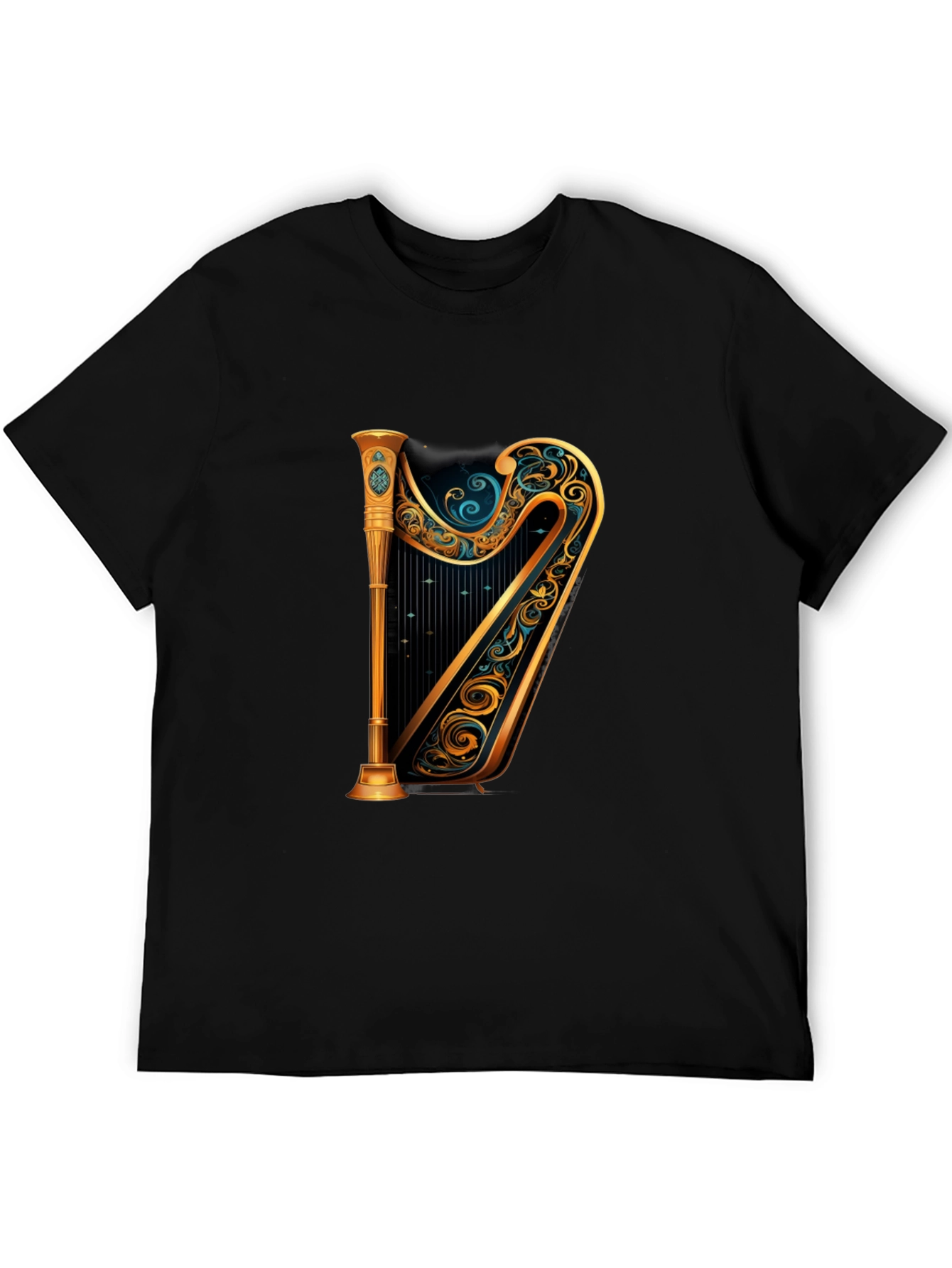 Elegant Golden Harp Graphic Black T-Shirt
