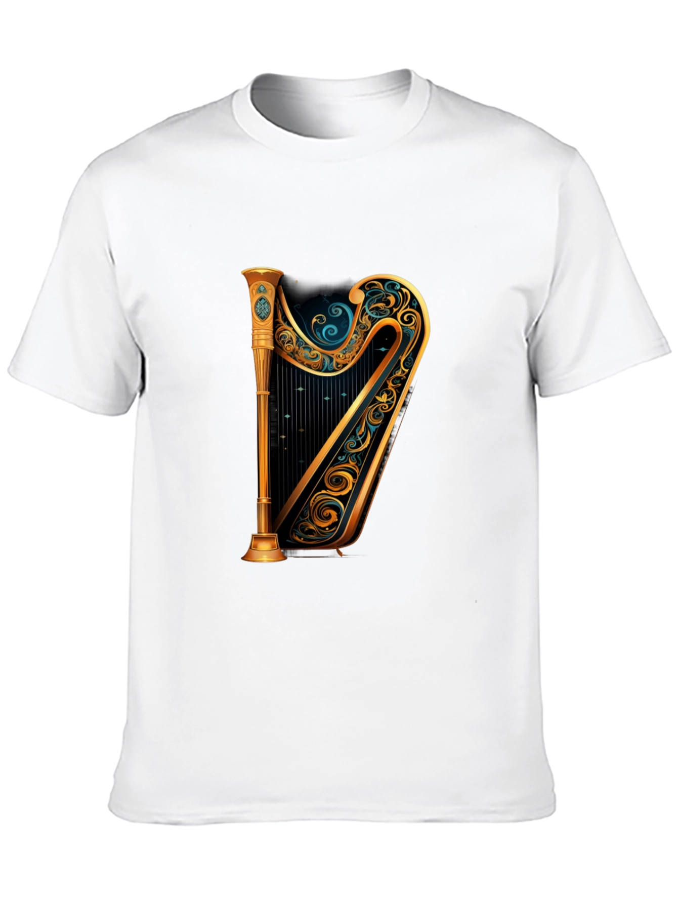Elegant Golden Harp Graphic Black T-Shirt