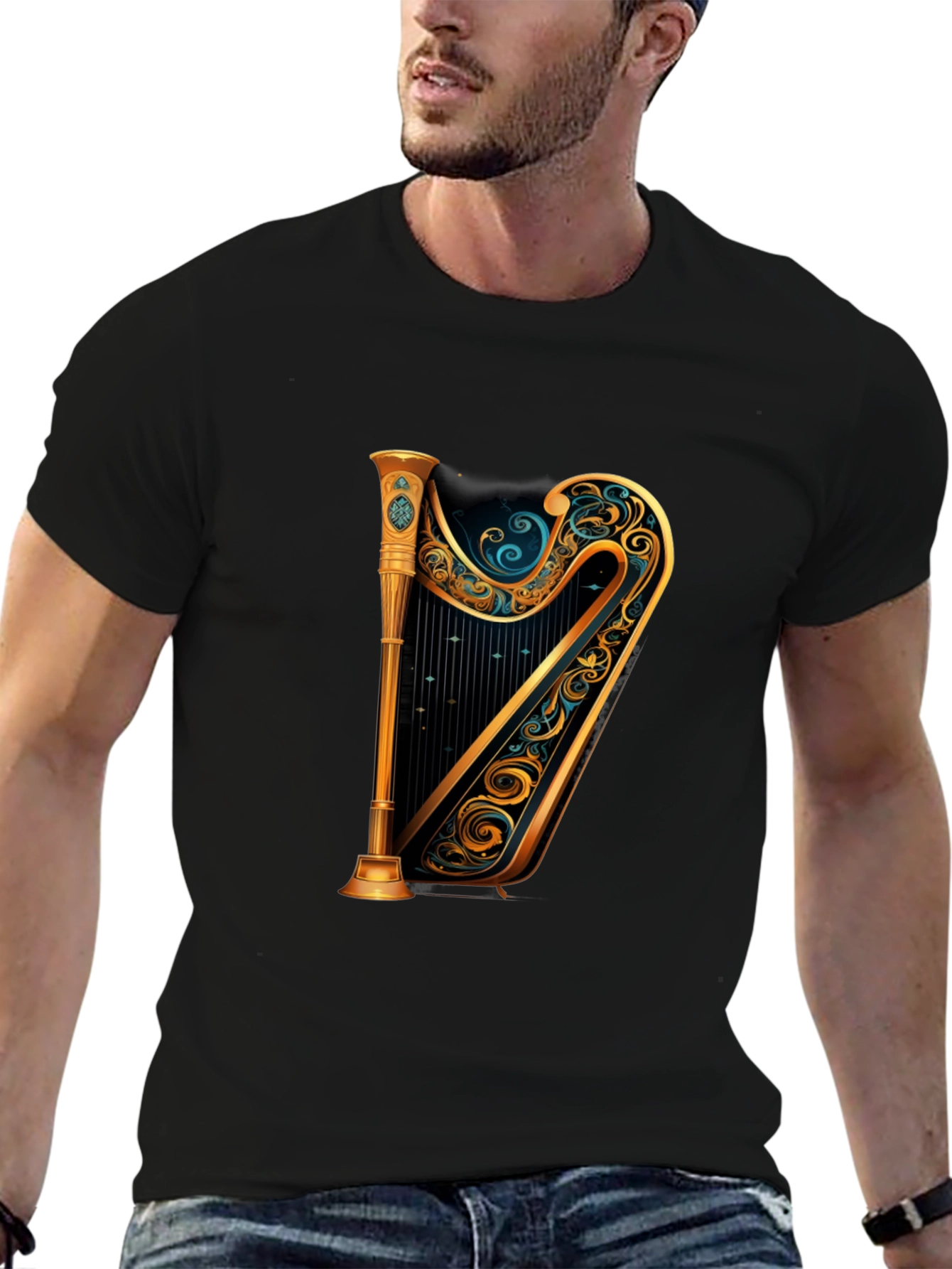 Elegant Golden Harp Graphic Black T-Shirt