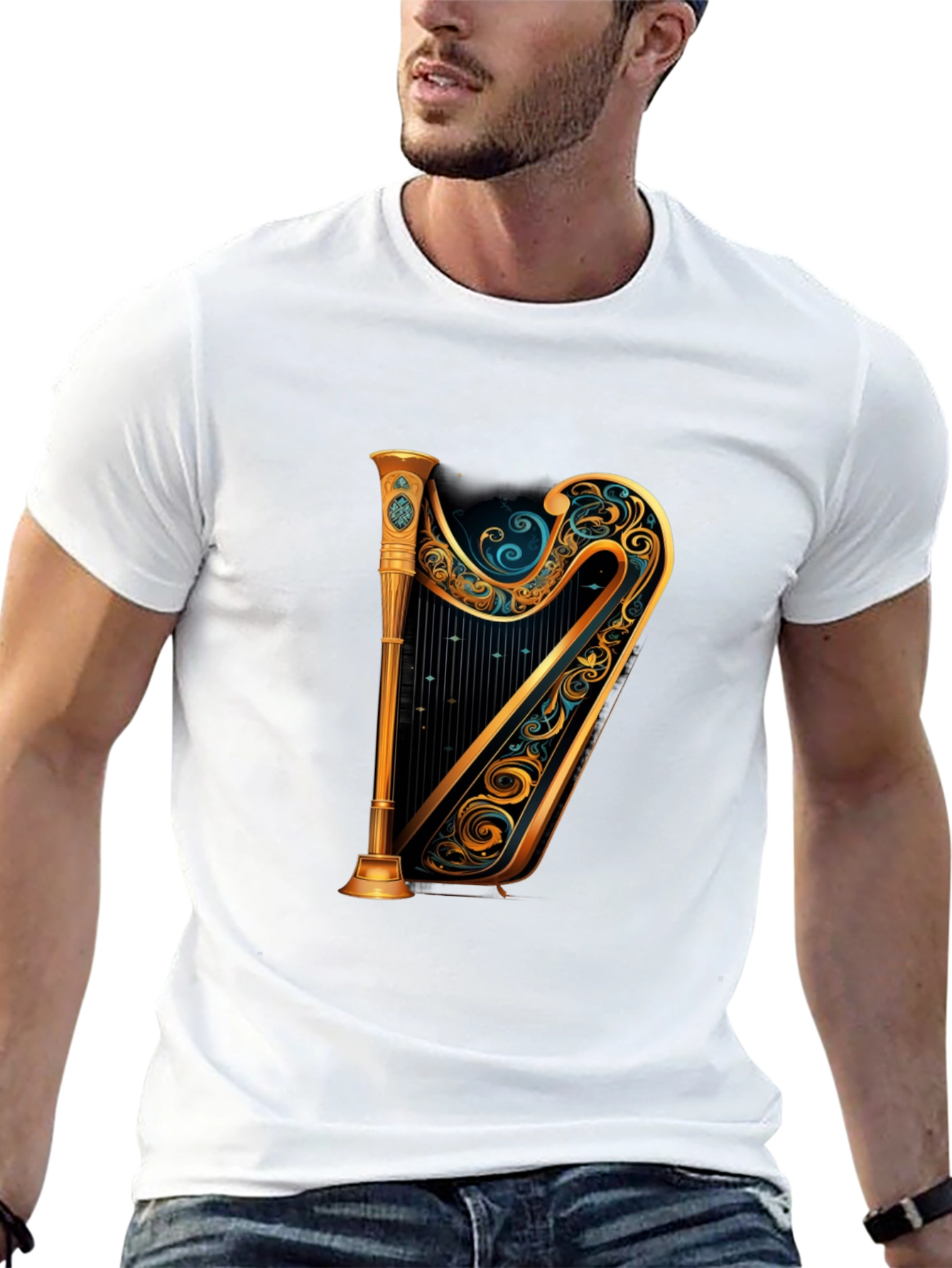 Elegant Golden Harp Graphic Black T-Shirt