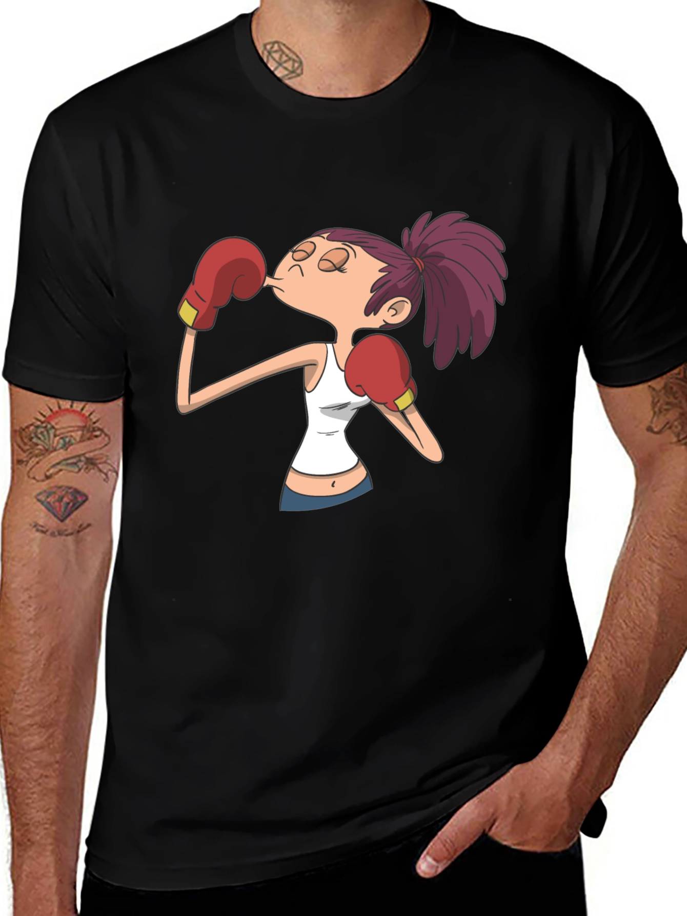 Cartoon Boxer Graphic T-Shirt - Black