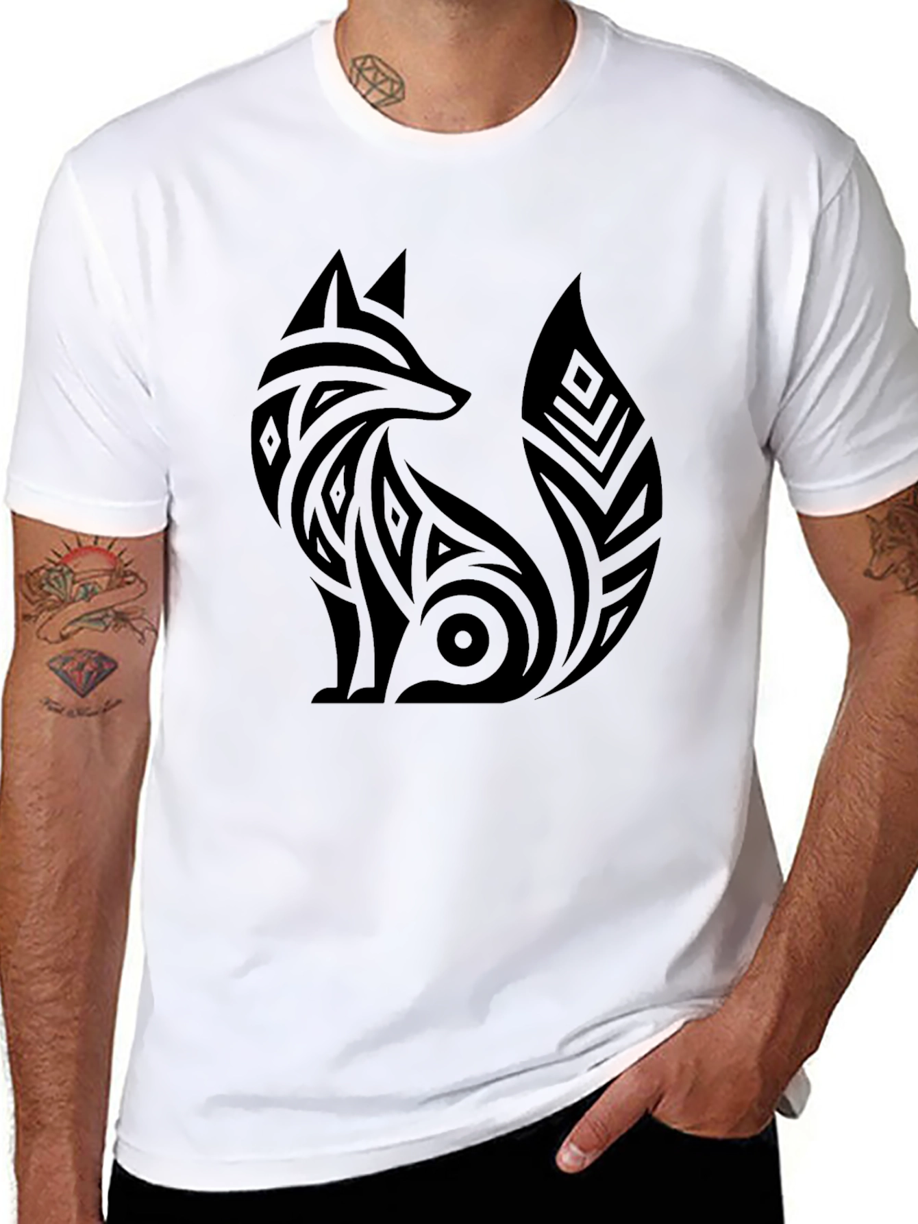 Tribal Fox Graphic Tee - Black Cotton T-Shirt
