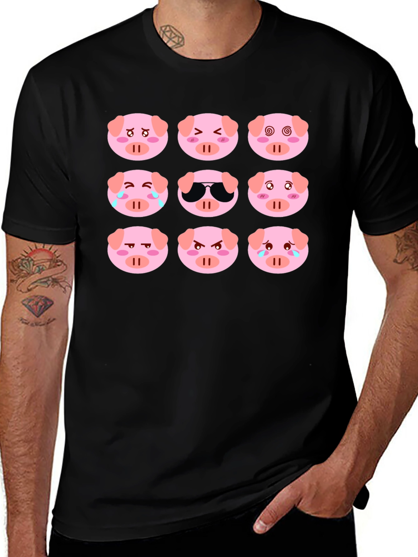 Emoji Pig T-Shirt - Black Cotton Crew Neck