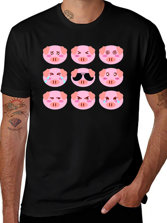 Emoji Pig T-Shirt - Black Cotton Crew Neck