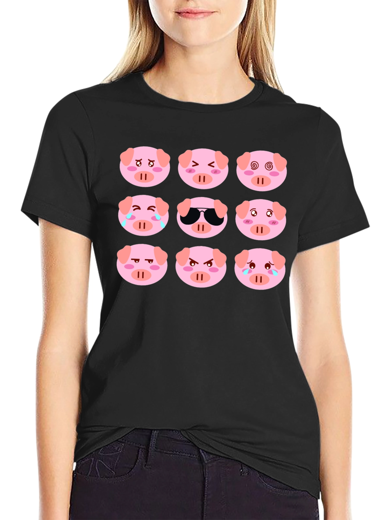 Emoji Pig T-Shirt - Black Cotton Crew Neck