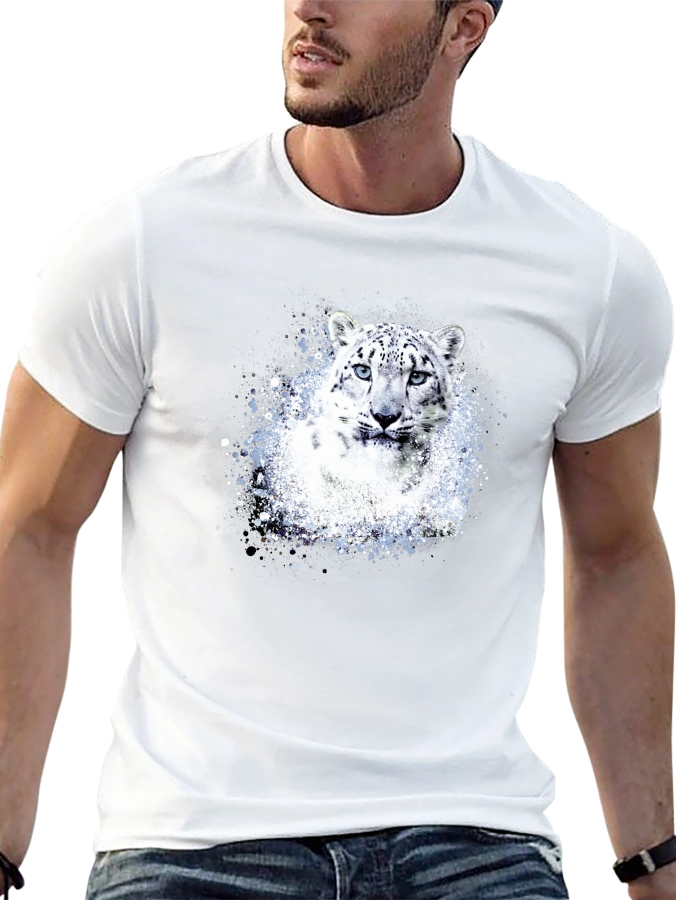 Snow Leopard Graphic Print Black T-Shirt