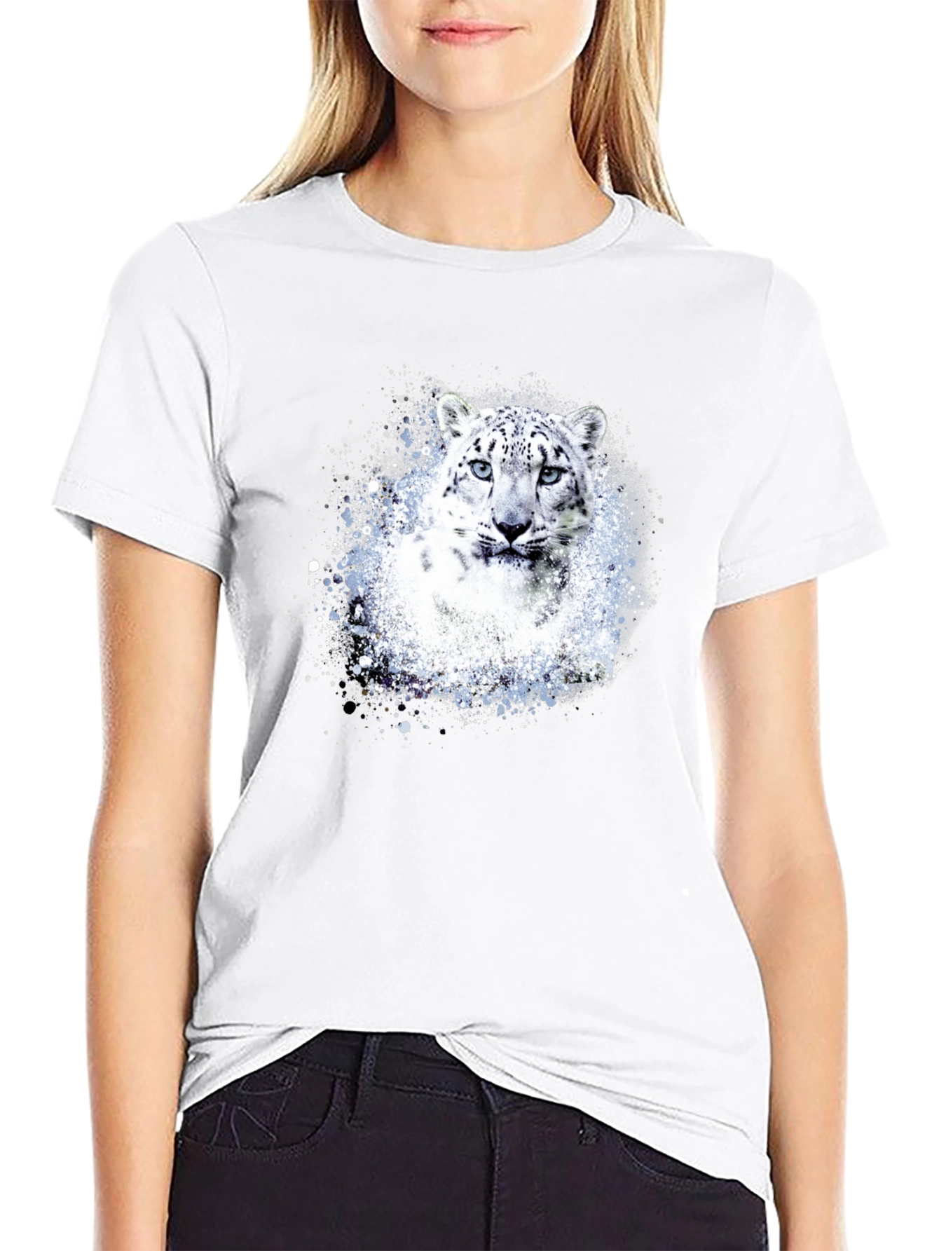 Snow Leopard Graphic Print Black T-Shirt