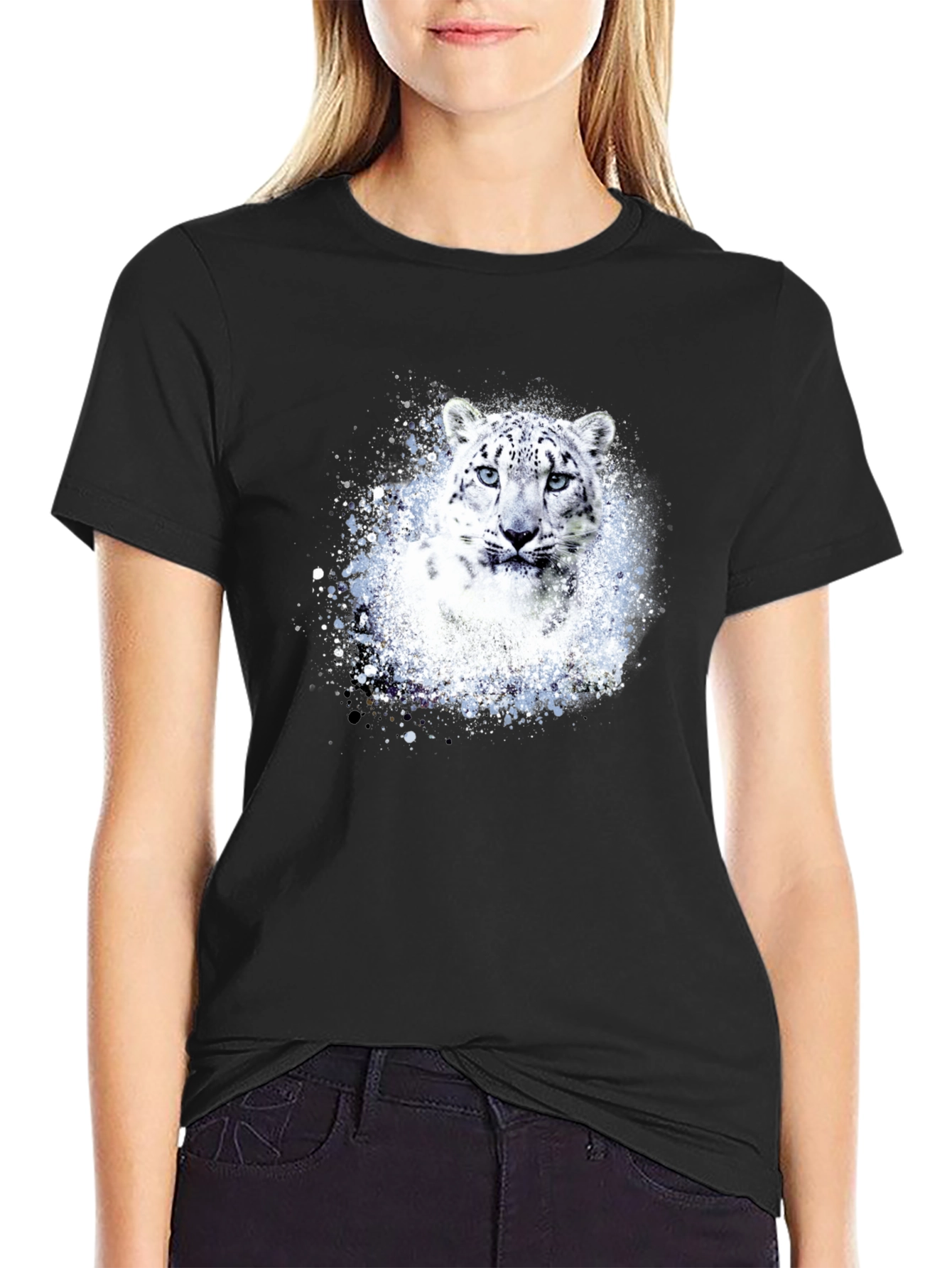 Snow Leopard Graphic Print Black T-Shirt