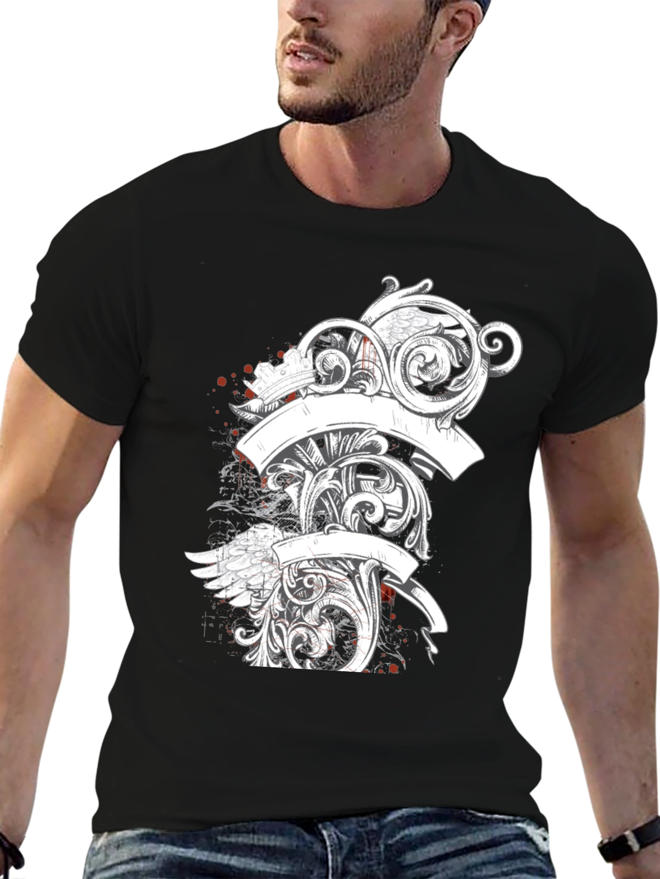 Elegant Scrollwork Graphic Tee - Black Cotton T-Shirt