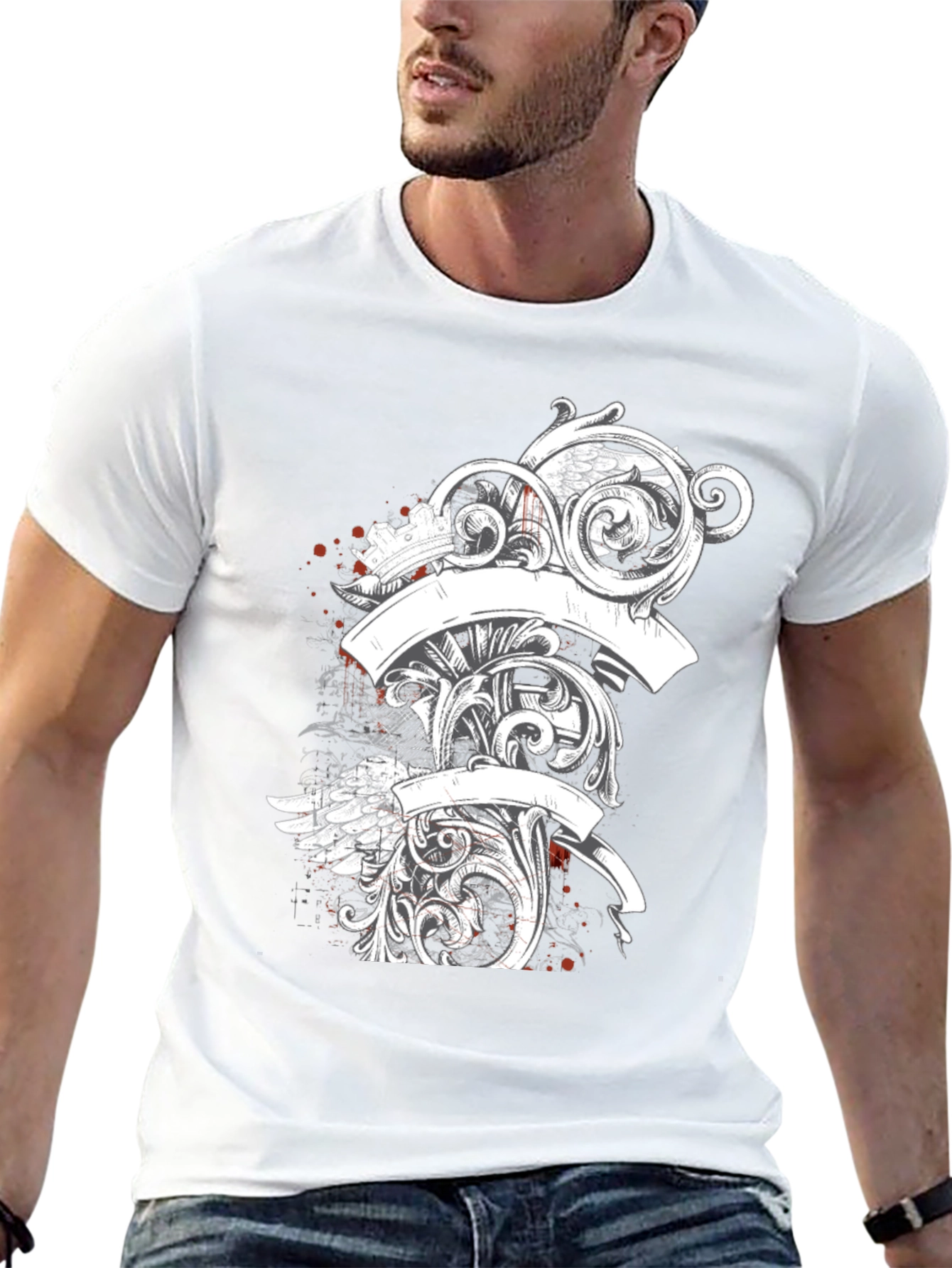 Elegant Scrollwork Graphic Tee - Black Cotton T-Shirt