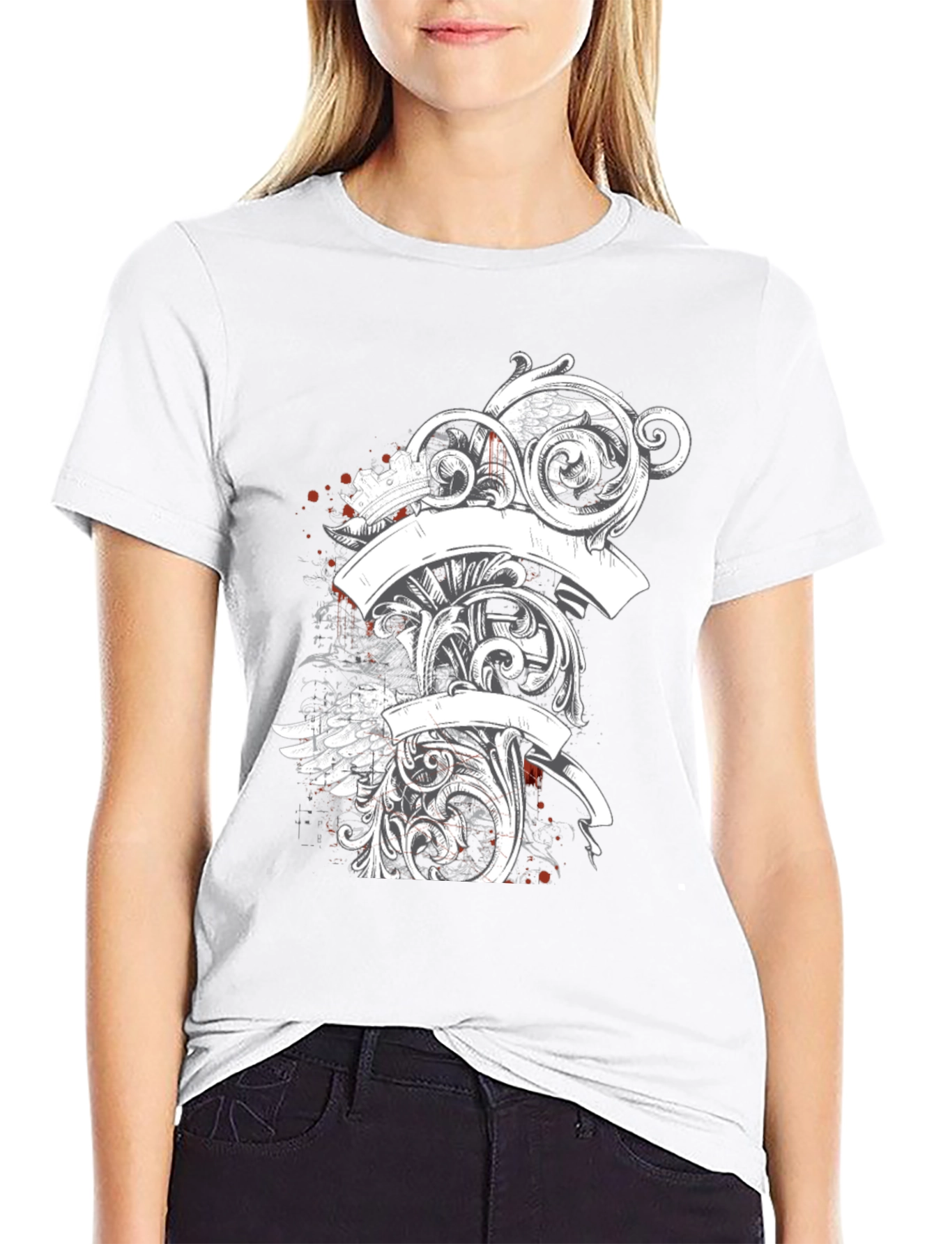 Elegant Scrollwork Graphic Tee - Black Cotton T-Shirt