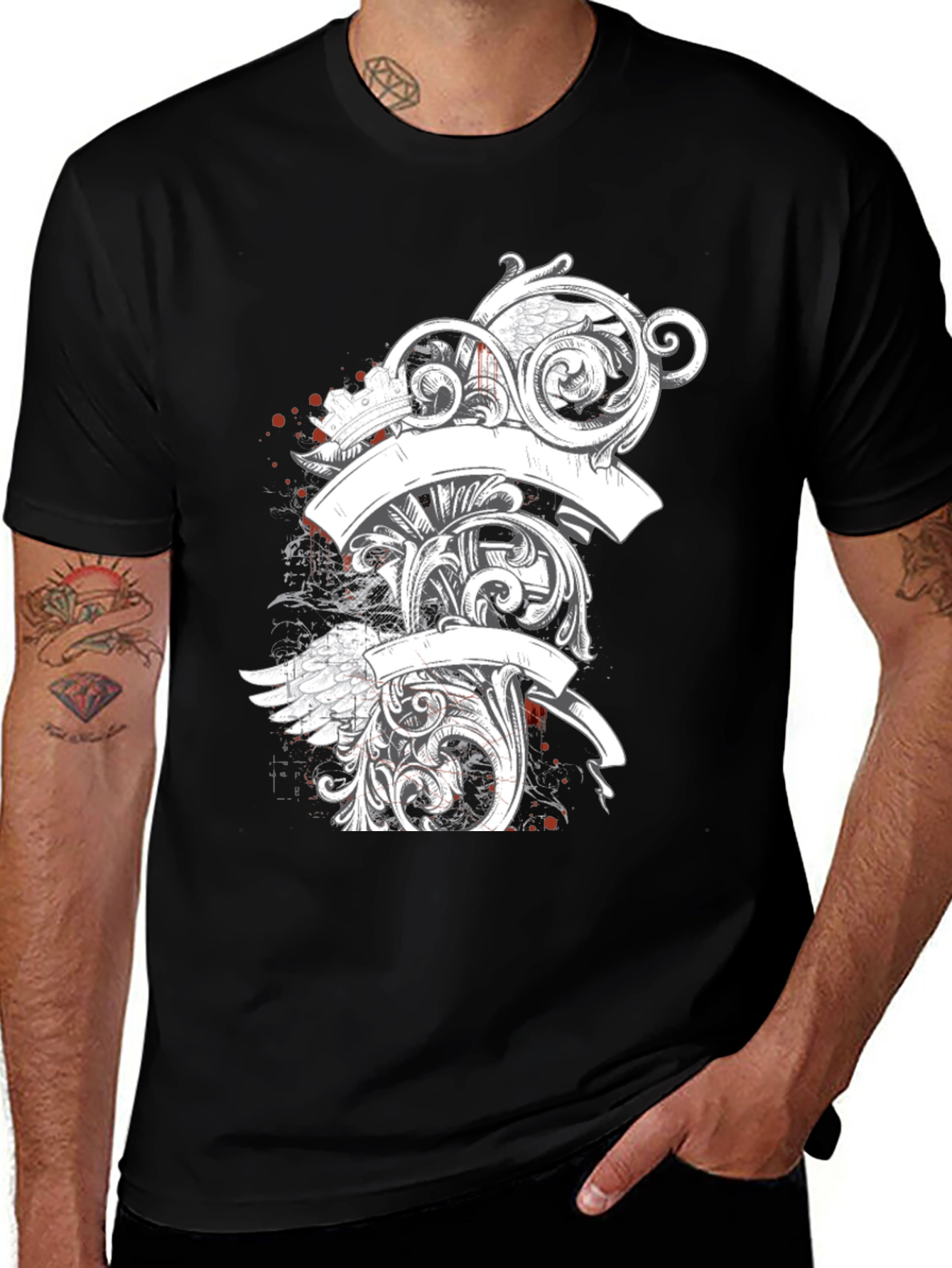 Elegant Scrollwork Graphic Tee - Black Cotton T-Shirt