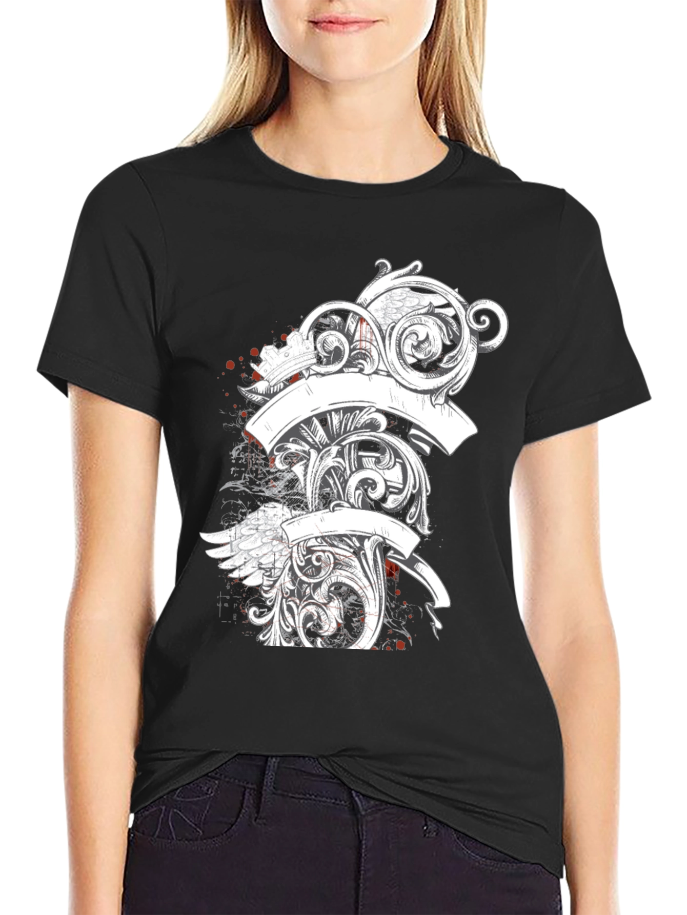 Elegant Scrollwork Graphic Tee - Black Cotton T-Shirt